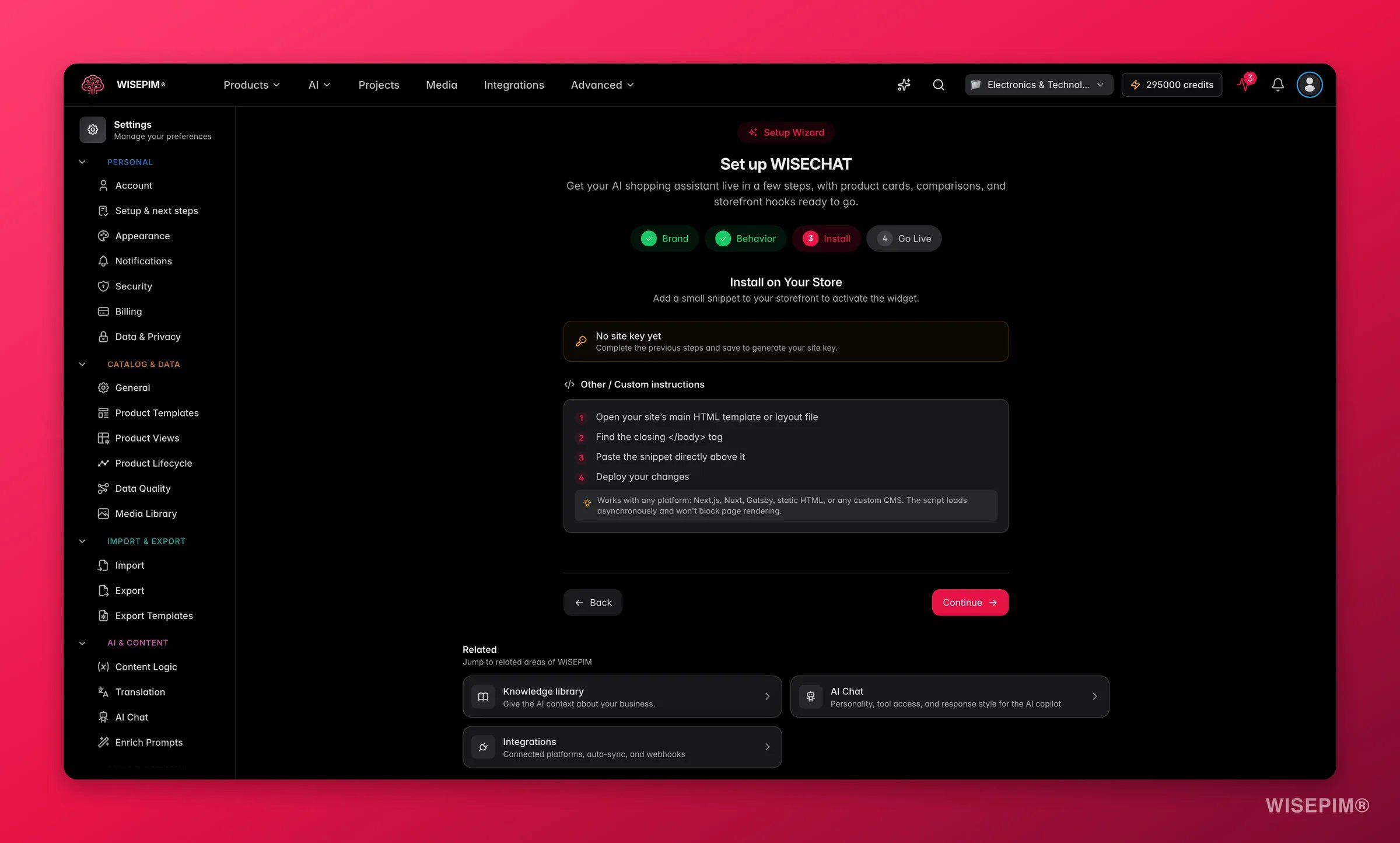 WISEPIM WISECHAT setup - install step with the embed snippet and per-platform install guide