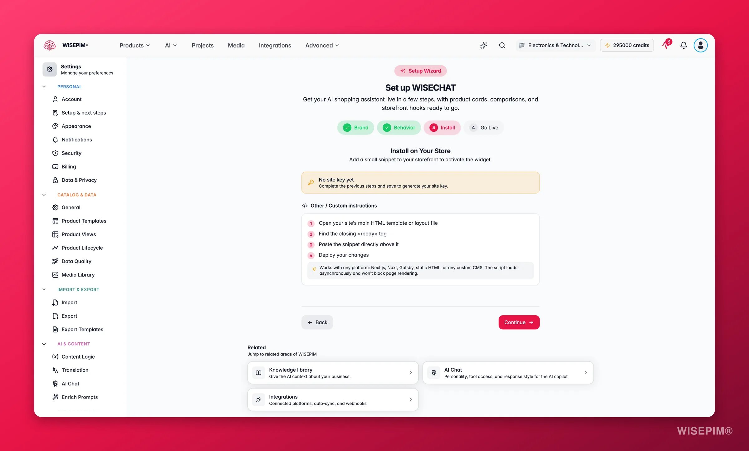 WISEPIM WISECHAT setup - install step with the embed snippet and per-platform install guide