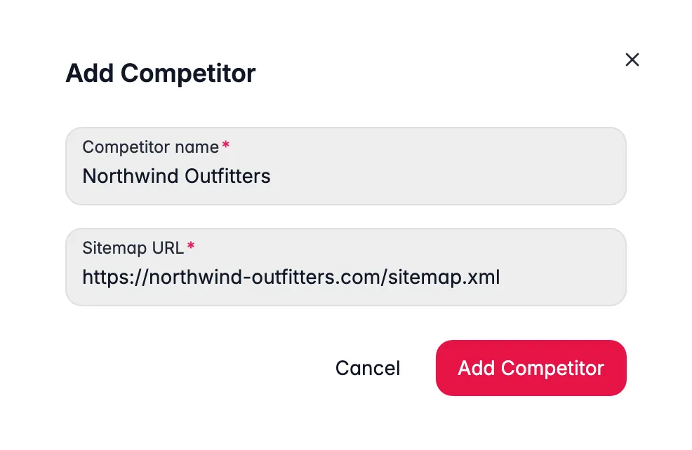 Modal de WISEPIM para añadir un competidor SEO rastreando una tienda rival por la URL de su sitemap