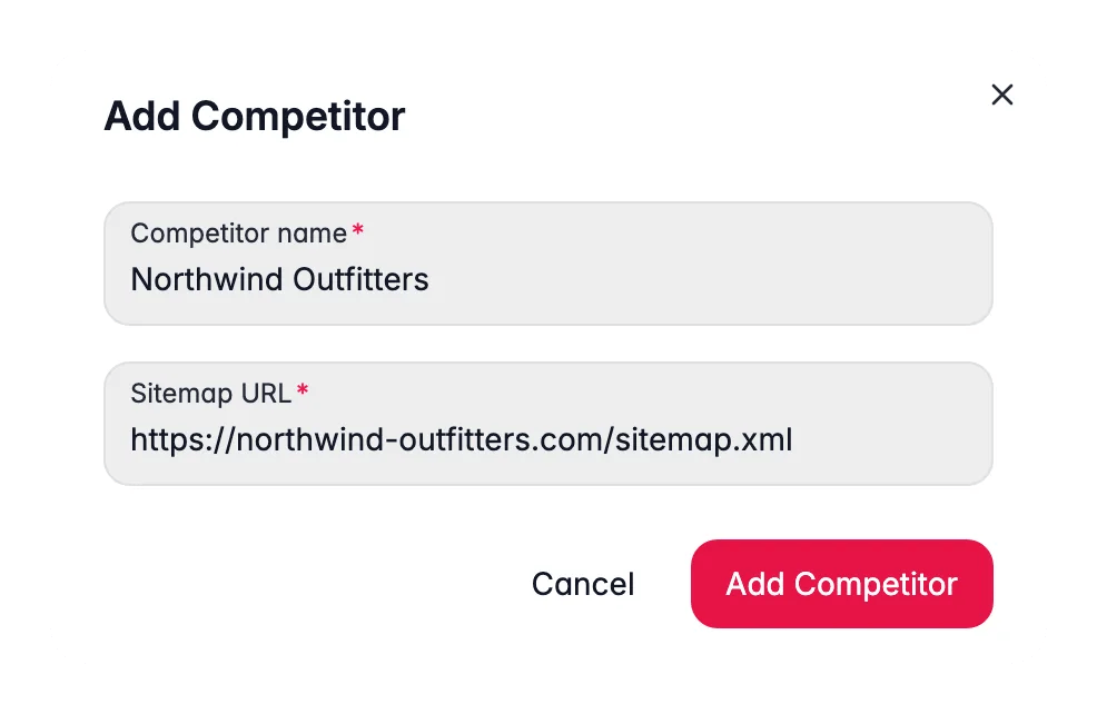 Modal de WISEPIM para añadir un competidor SEO rastreando una tienda rival por la URL de su sitemap