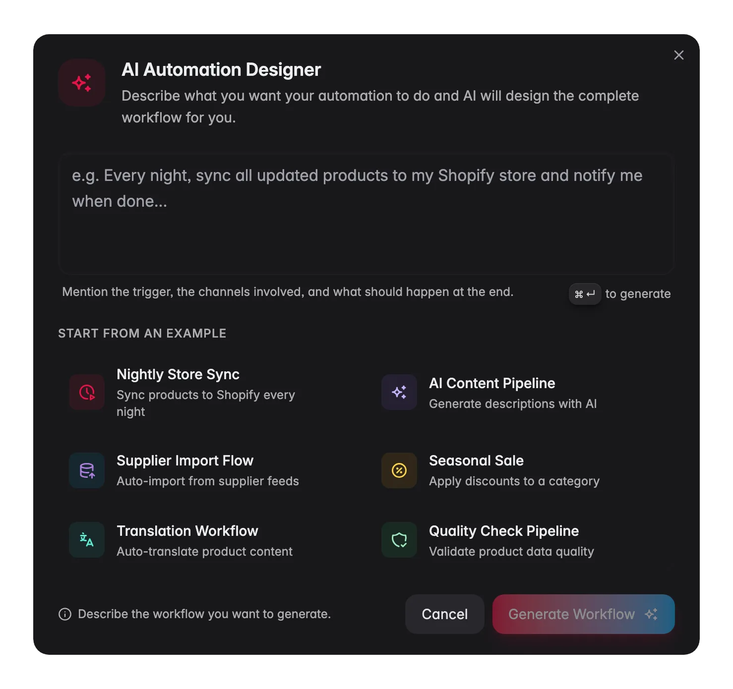 WISEPIM automation AI Designer describing a workflow in plain language with example prompts