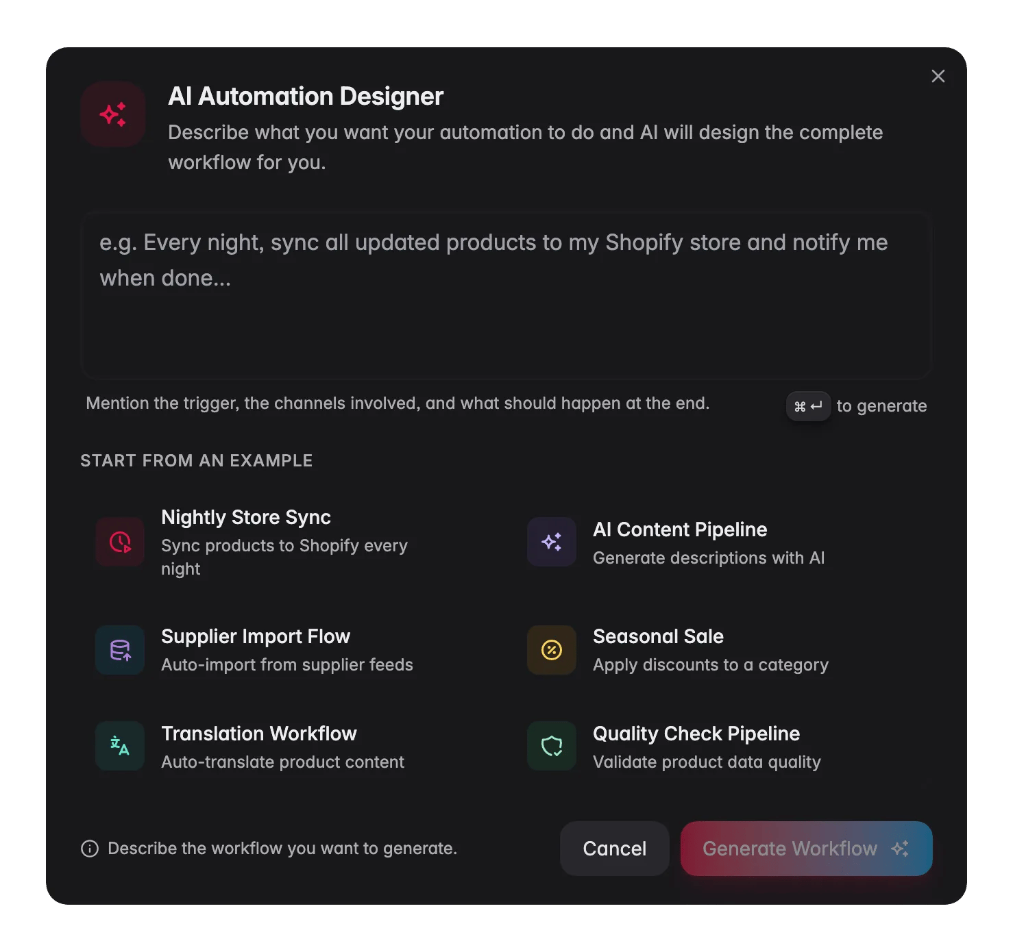 WISEPIM automation AI Designer describing a workflow in plain language with example prompts