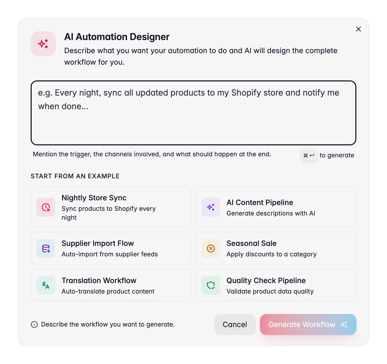 WISEPIM automation AI Designer describing a workflow in plain language with example prompts