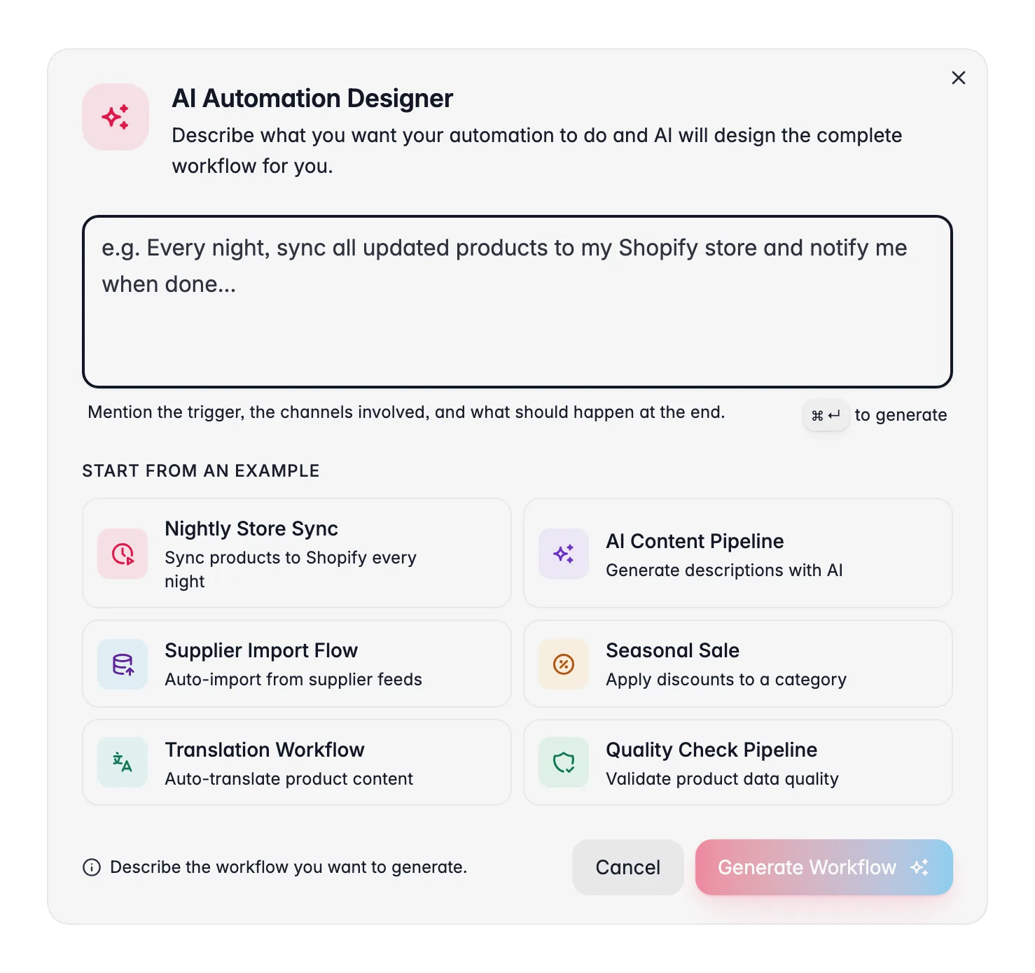 WISEPIM automation AI Designer describing a workflow in plain language with example prompts