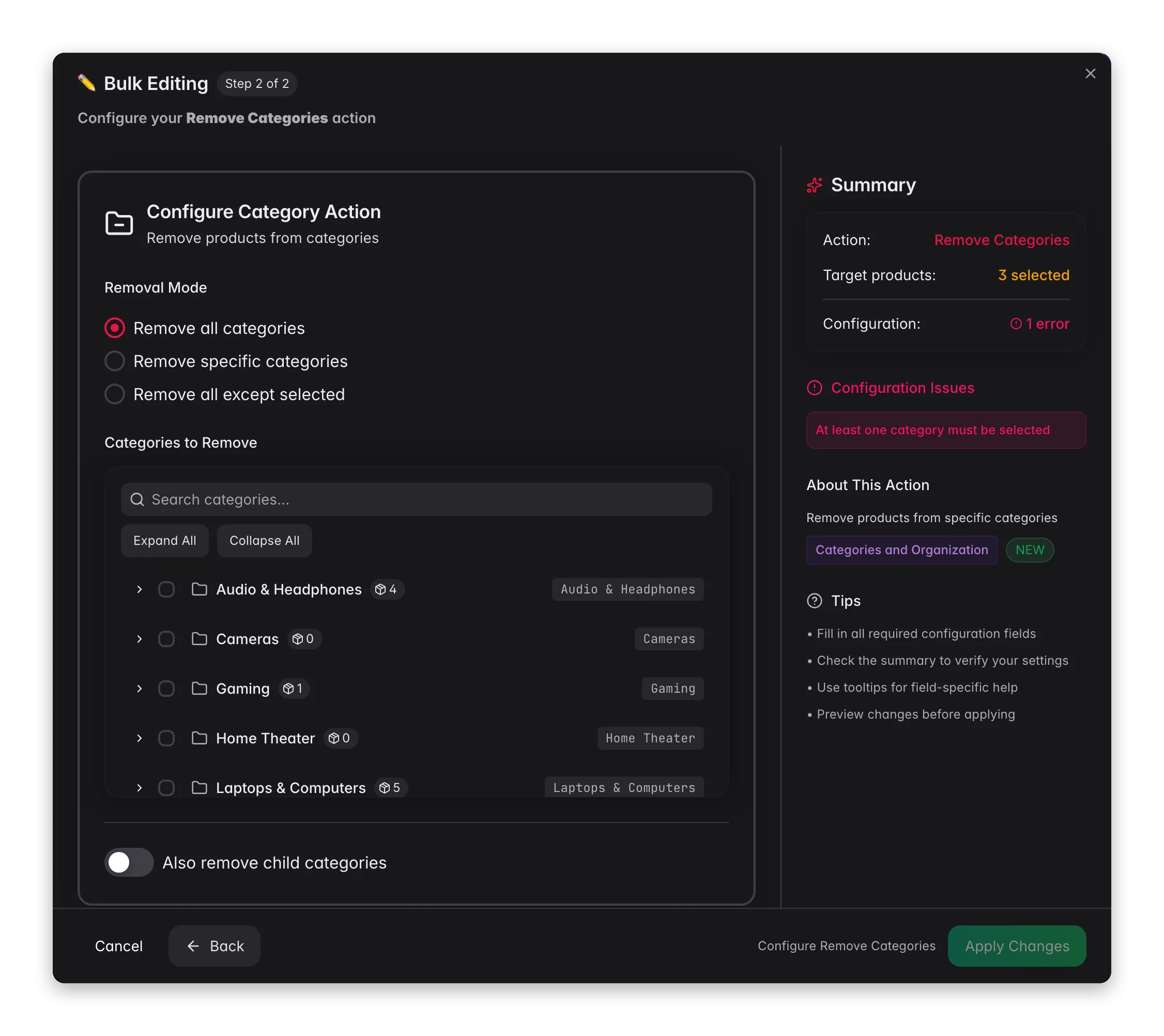 Bulk editing, Remove Categories across many products at once in WISEPIM