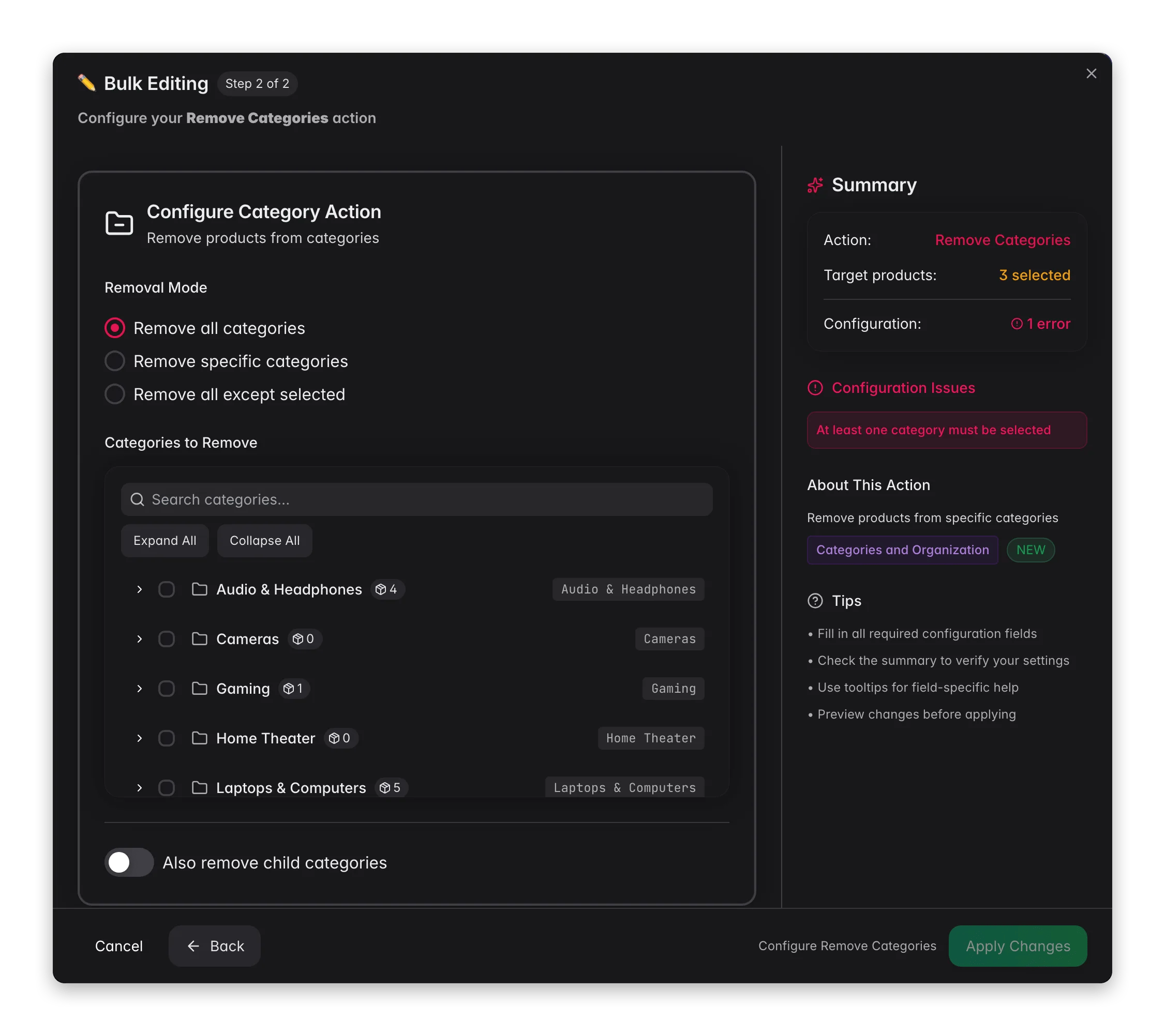 Bulk editing, Remove Categories across many products at once in WISEPIM