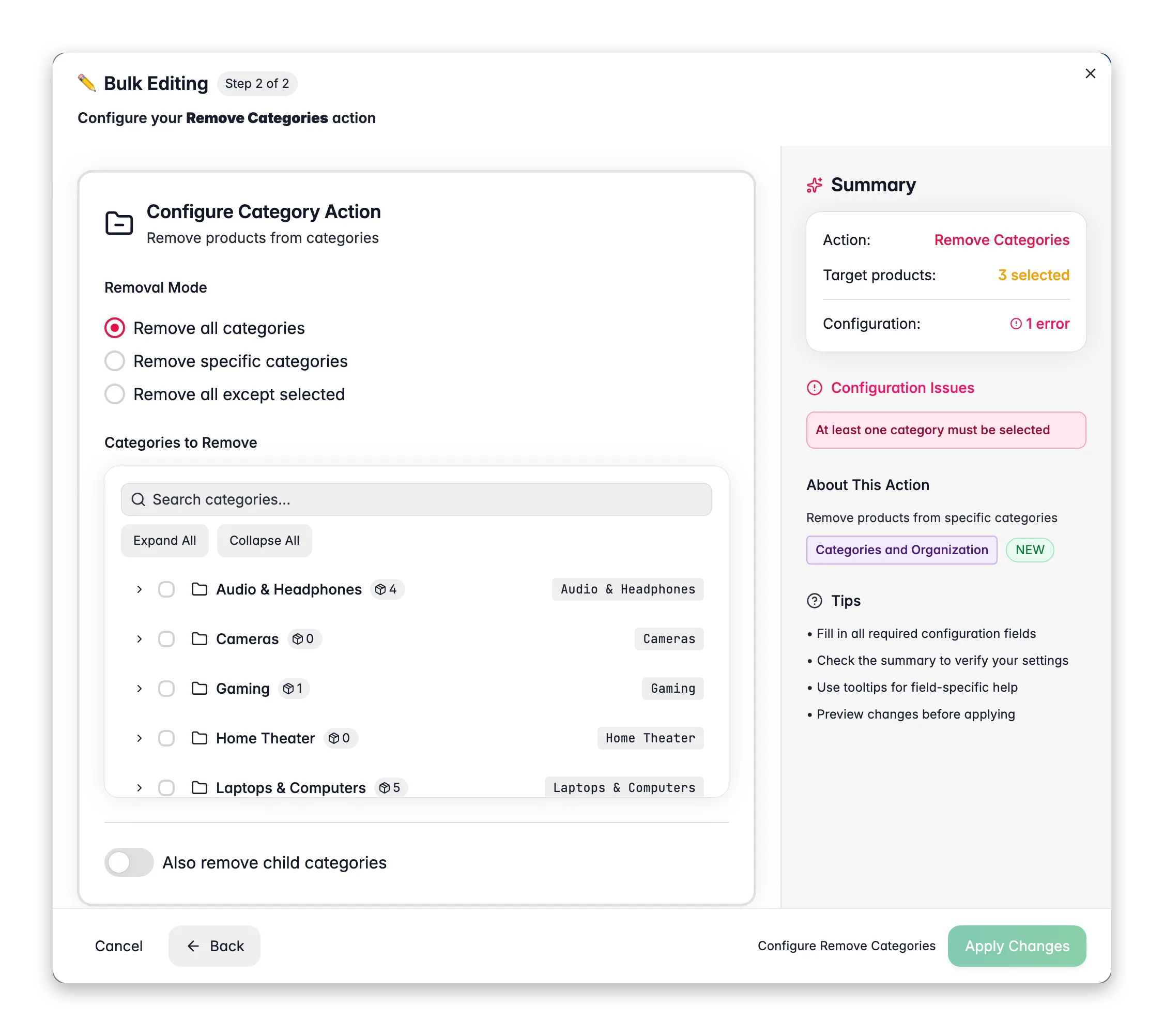 Bulk editing, Remove Categories across many products at once in WISEPIM