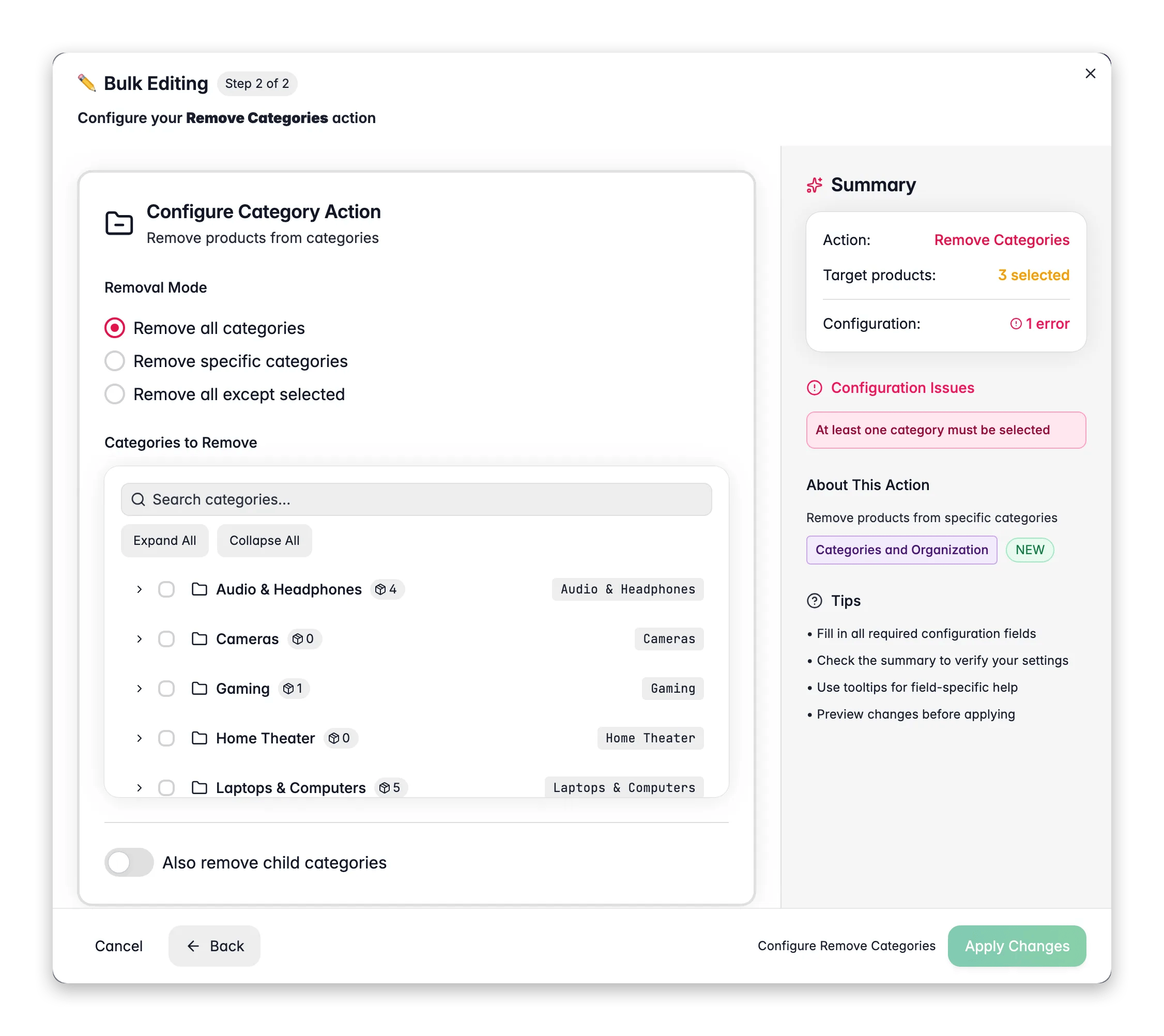 Bulk editing, Remove Categories across many products at once in WISEPIM