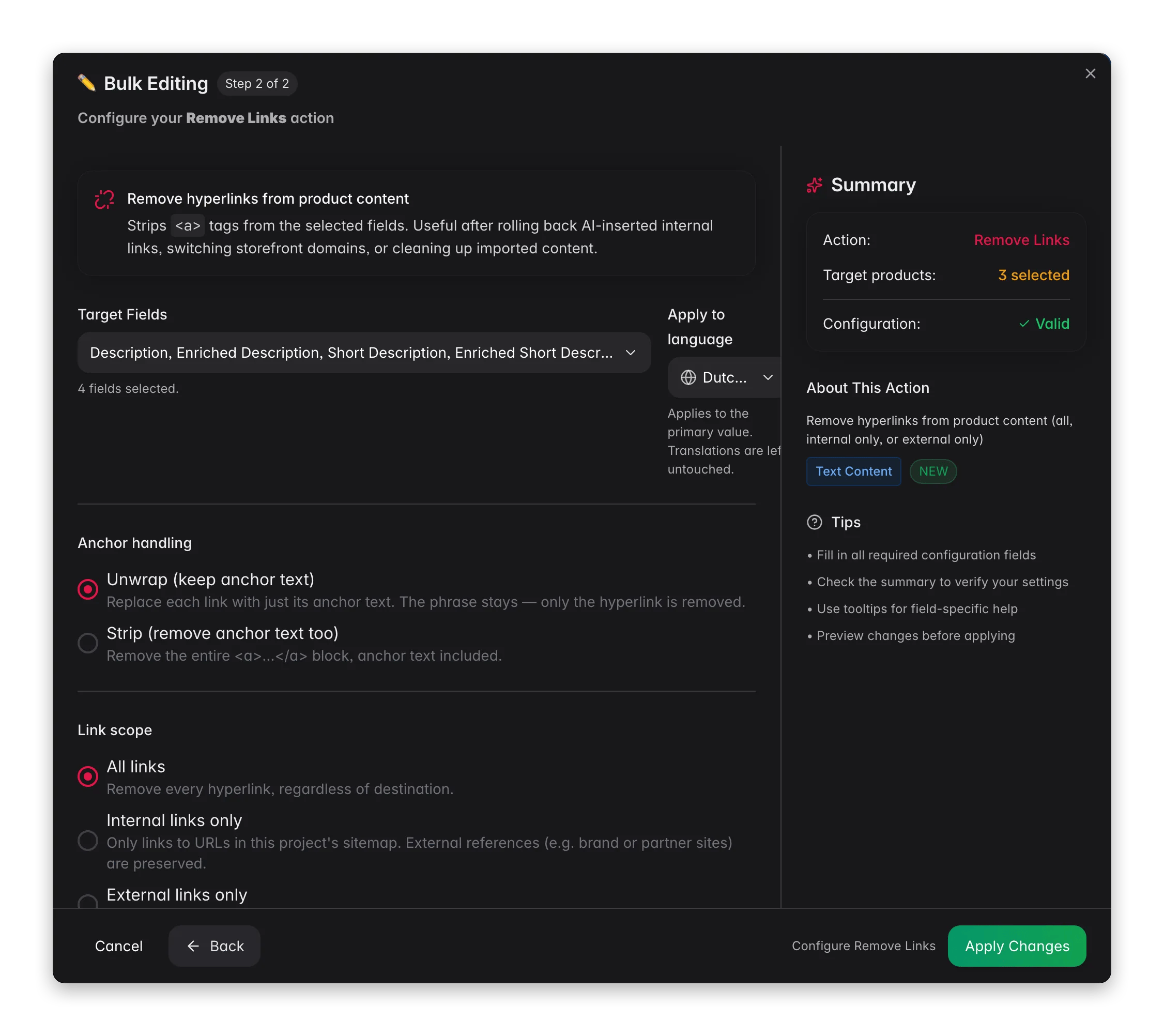 Bulk editing, Remove Links across many products at once in WISEPIM