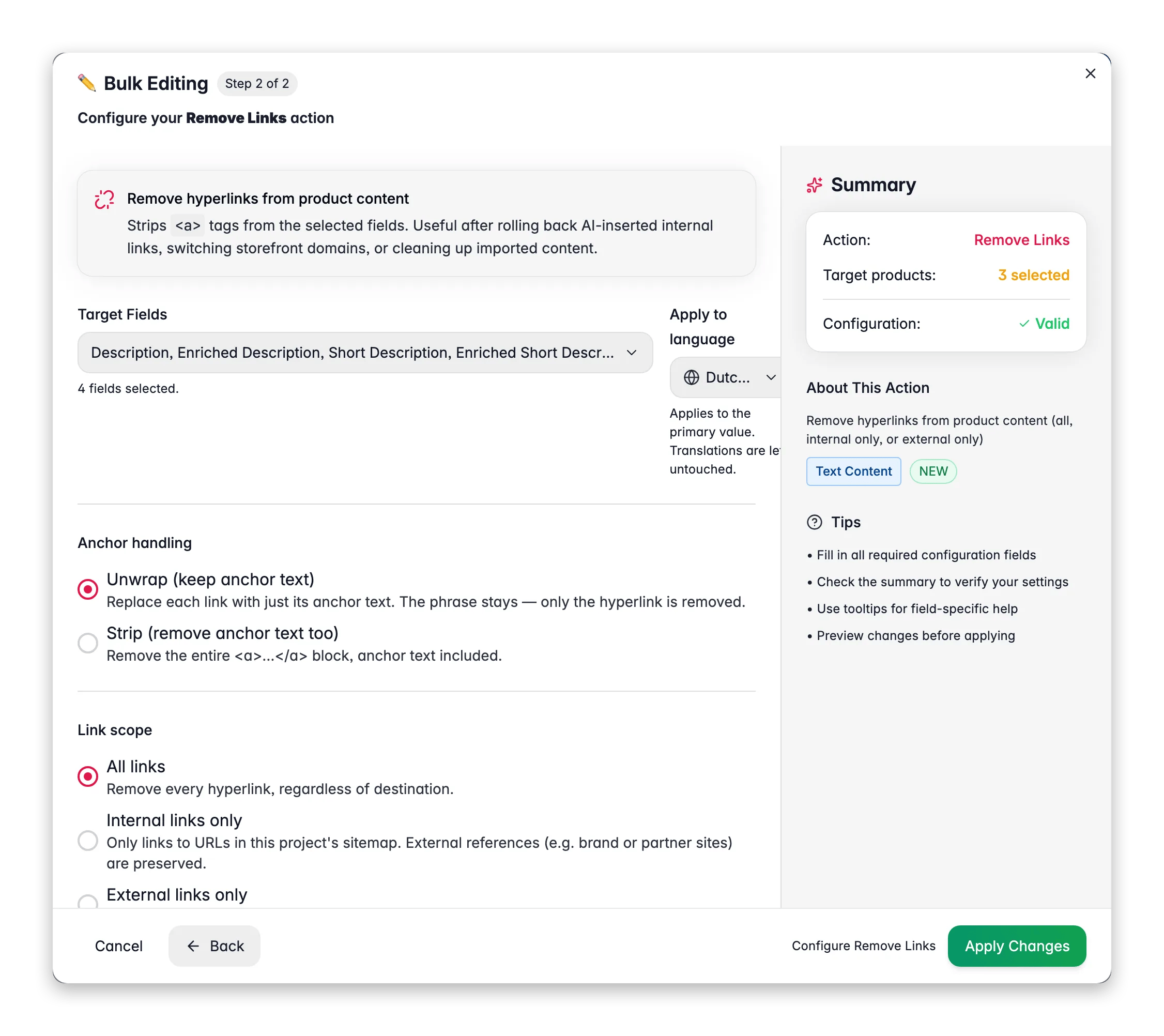 Bulk editing, Remove Links across many products at once in WISEPIM