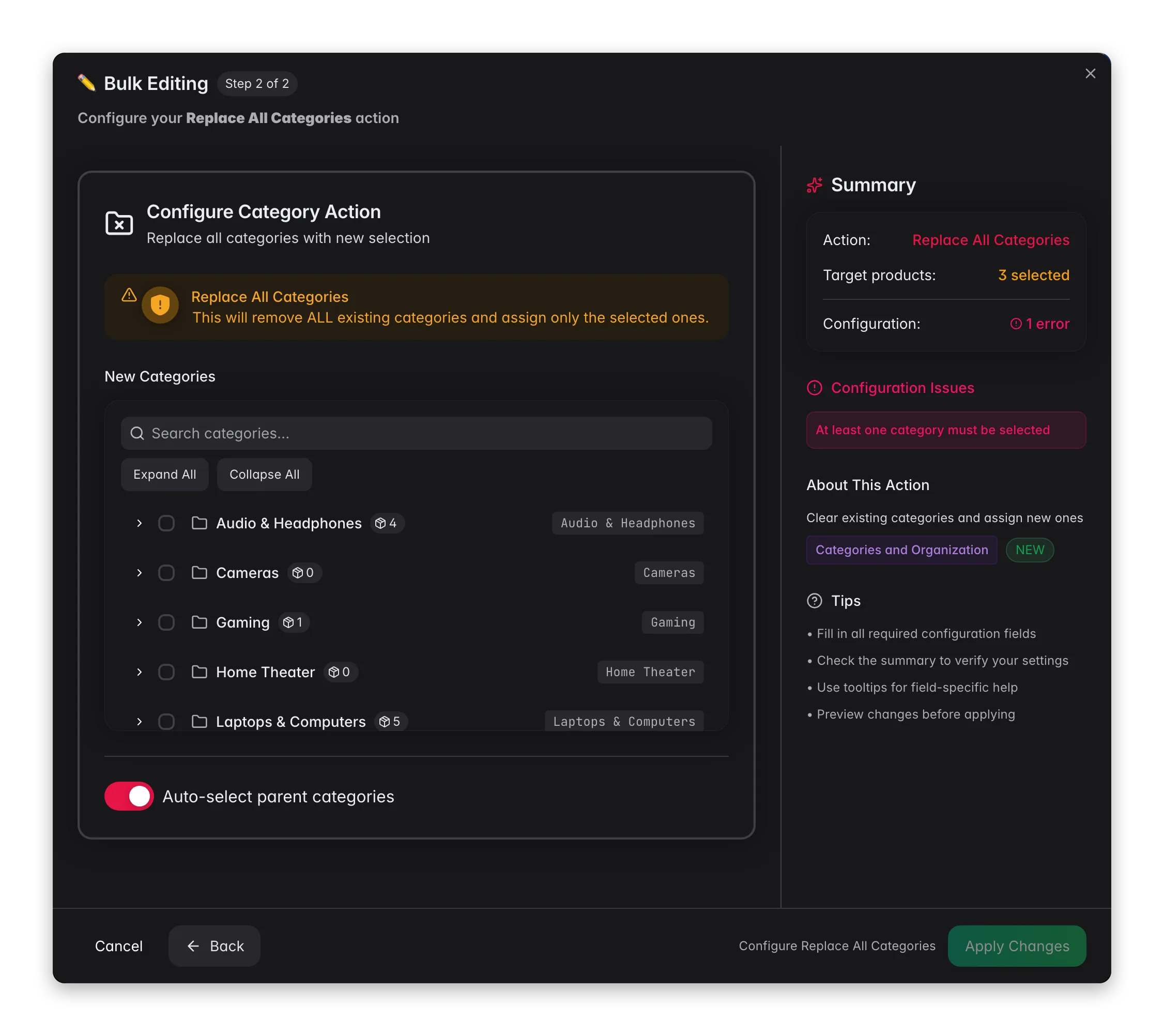 Bulk editing, Replace All Categories across many products at once in WISEPIM