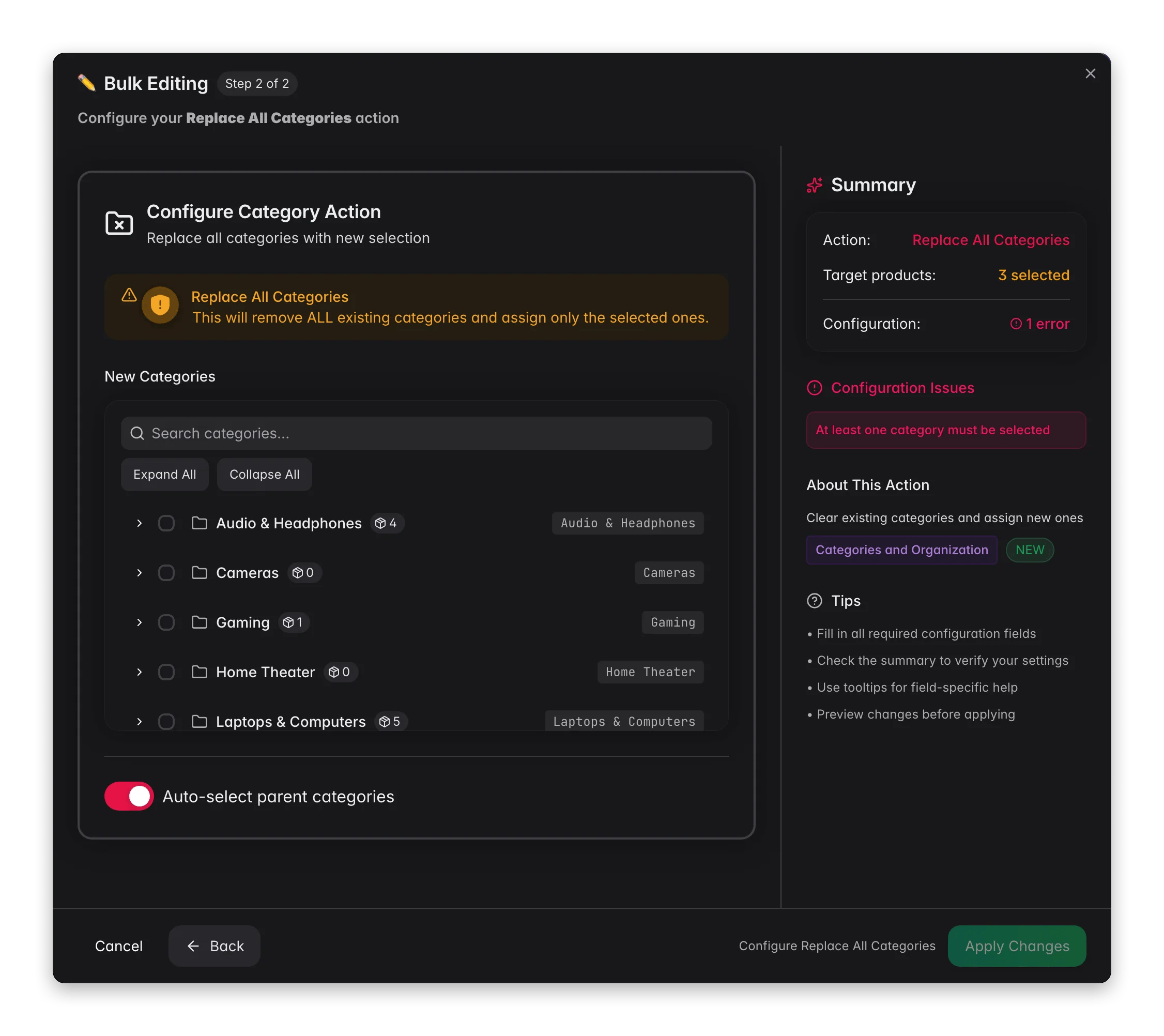 Bulk editing, Replace All Categories across many products at once in WISEPIM