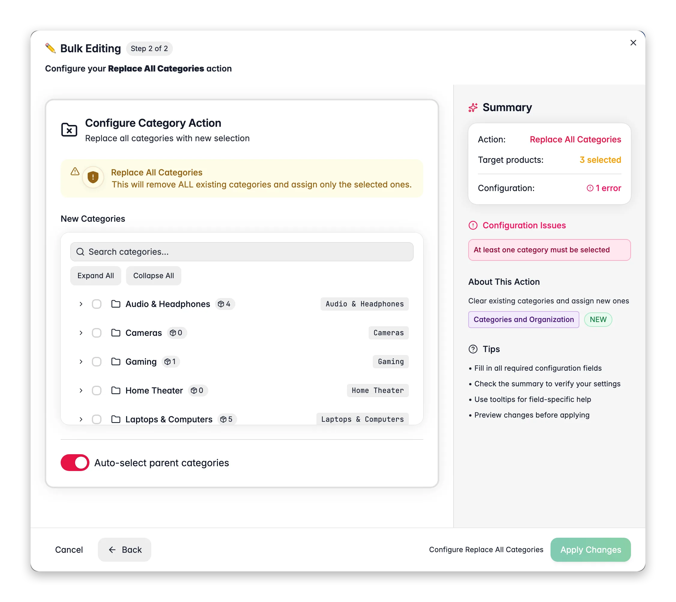 Bulk editing, Replace All Categories across many products at once in WISEPIM