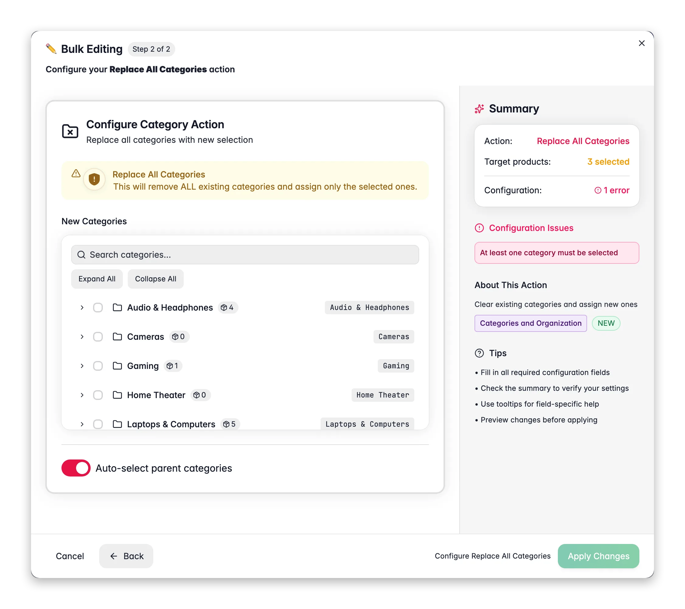 Bulk editing, Replace All Categories across many products at once in WISEPIM