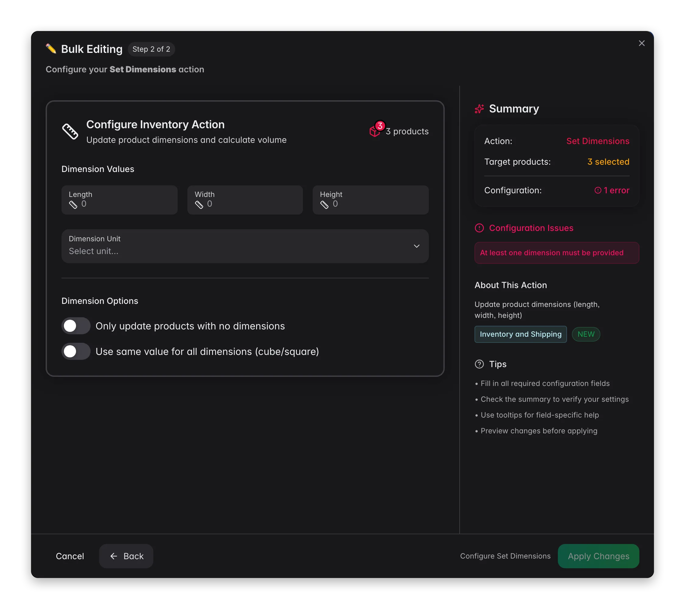 Bulk editing, Set Dimensions across many products at once in WISEPIM