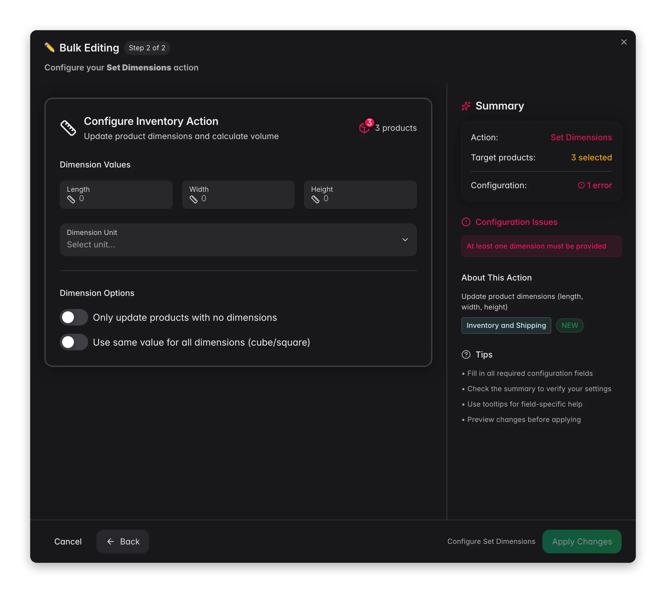 Bulk editing, Set Dimensions across many products at once in WISEPIM