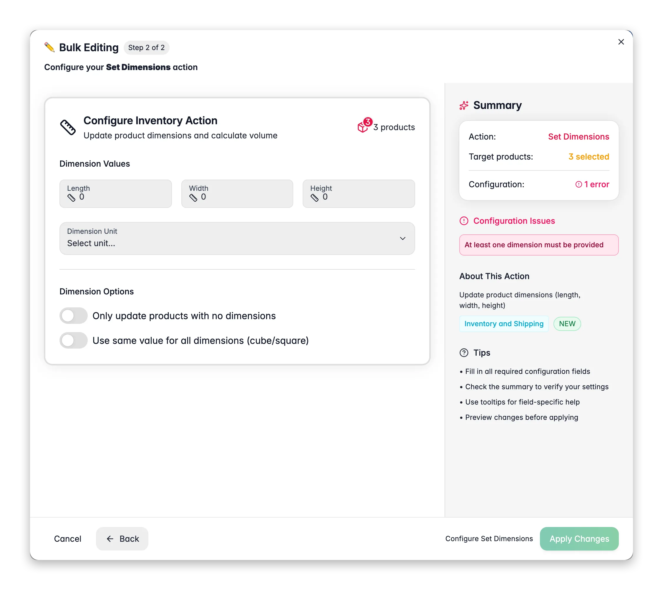 Bulk editing, Set Dimensions across many products at once in WISEPIM