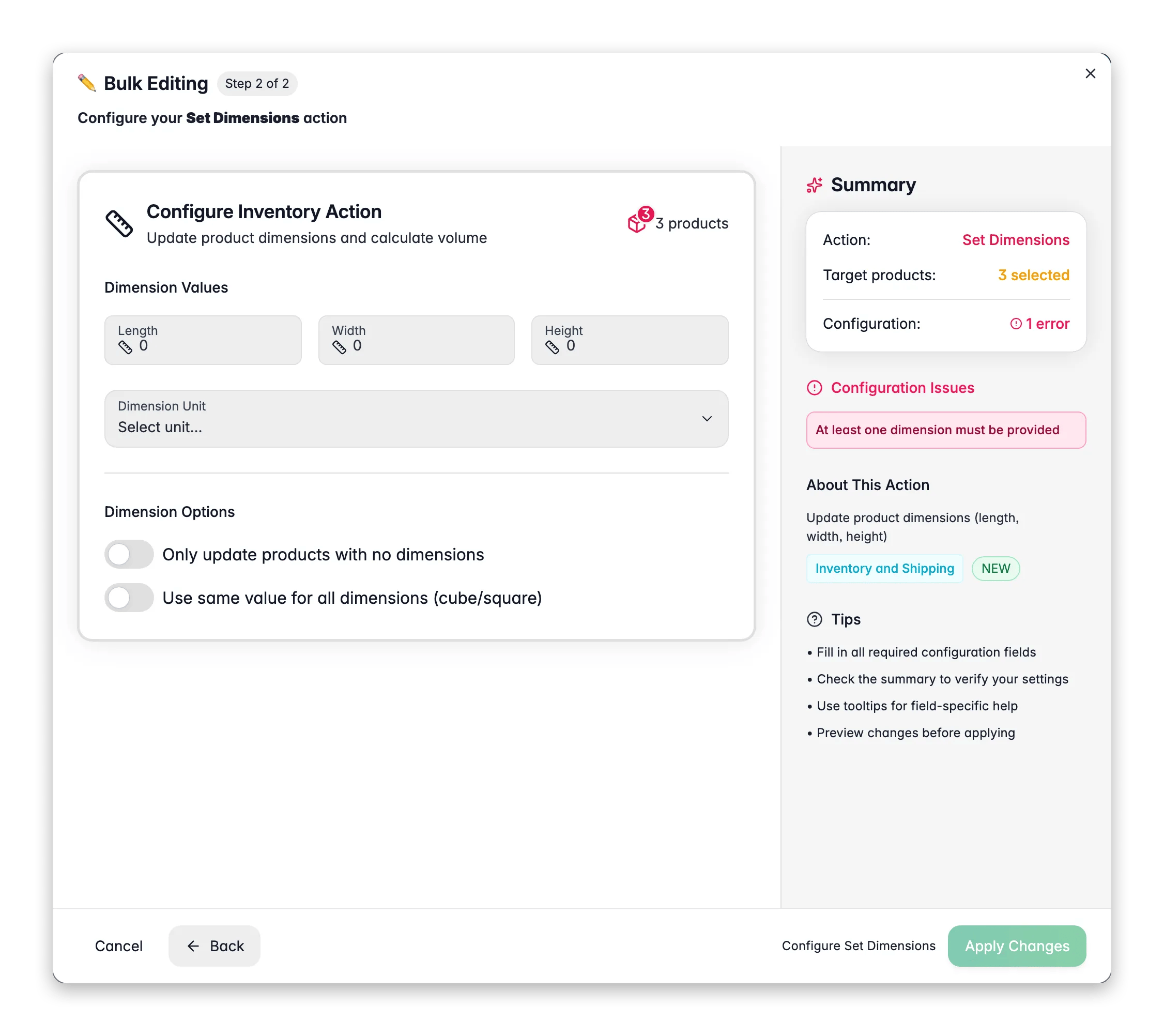 Bulk editing, Set Dimensions across many products at once in WISEPIM