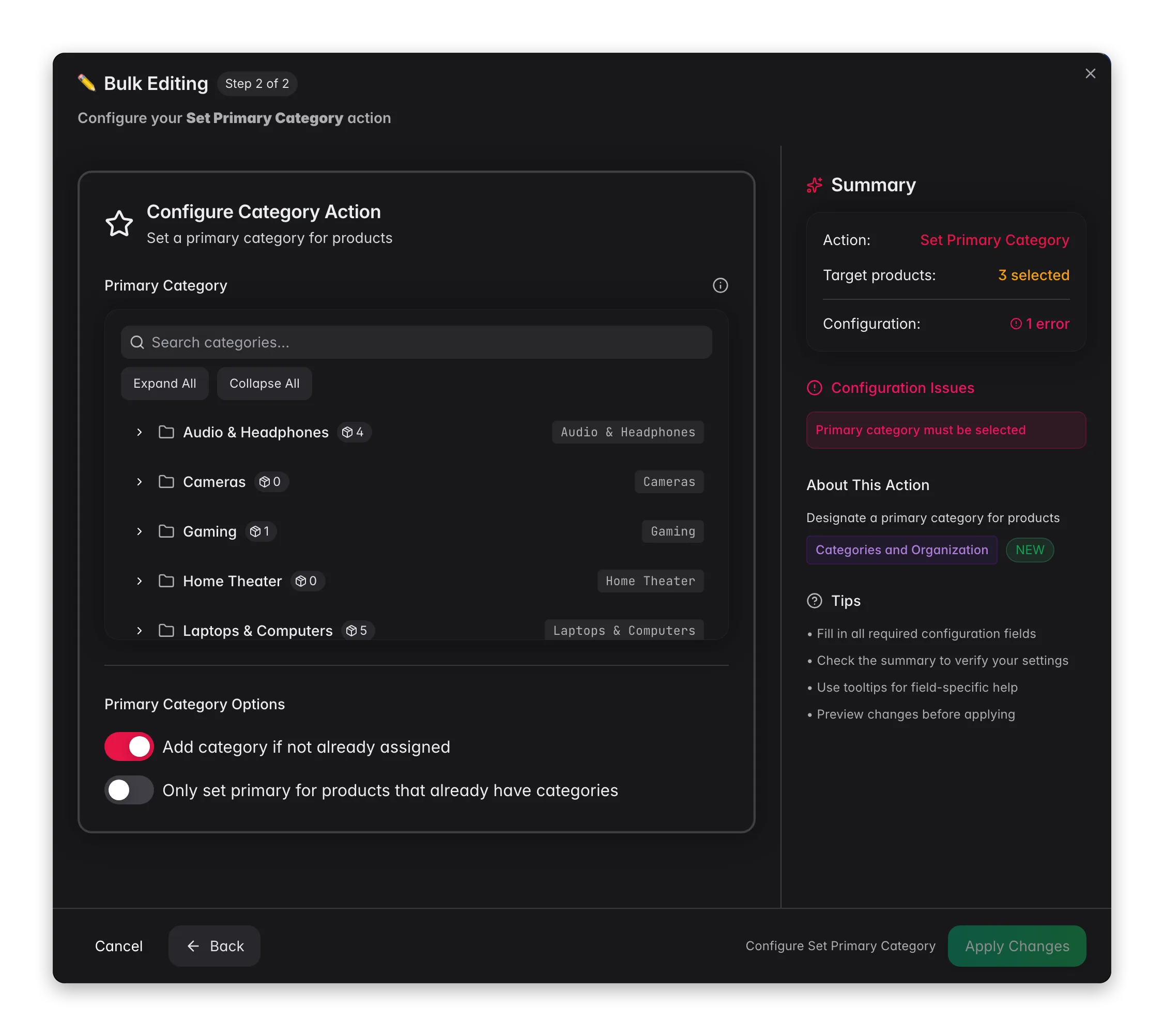 Bulk editing, Set Primary Category across many products at once in WISEPIM