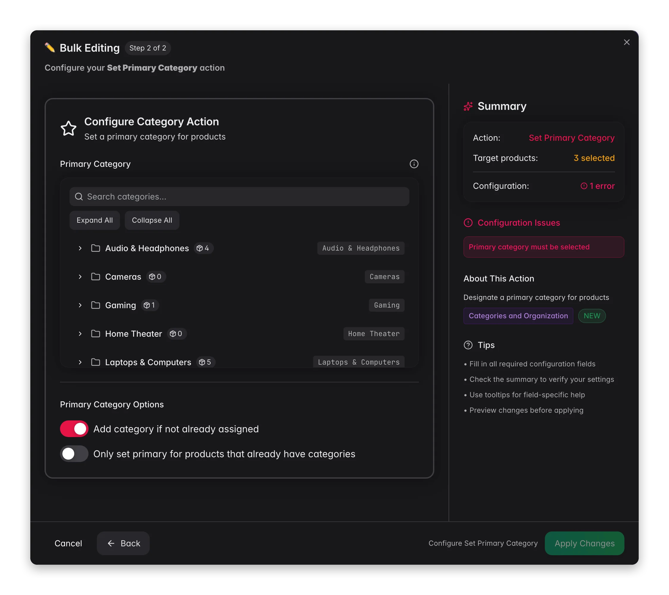 Bulk editing, Set Primary Category across many products at once in WISEPIM