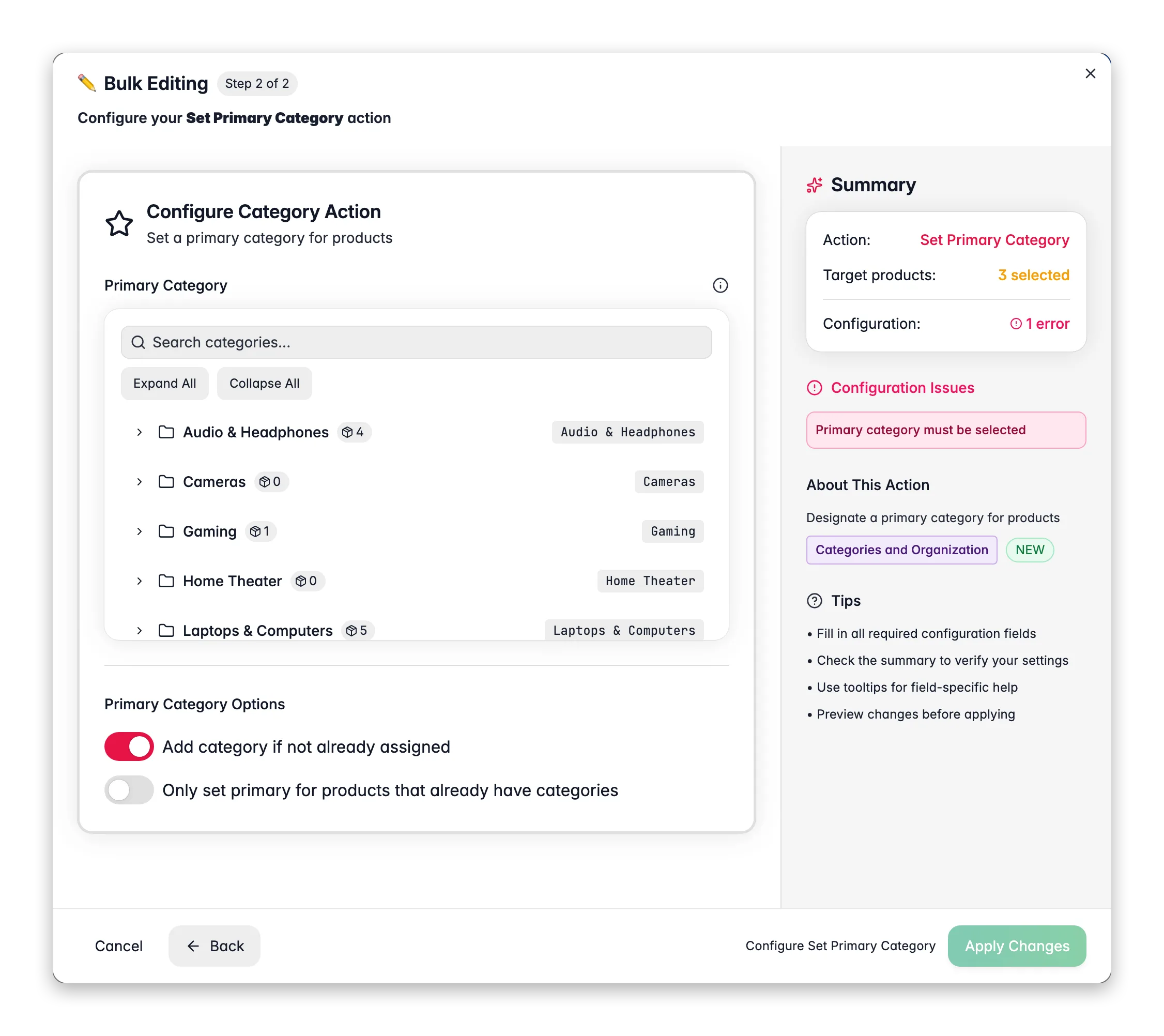 Bulk editing, Set Primary Category across many products at once in WISEPIM