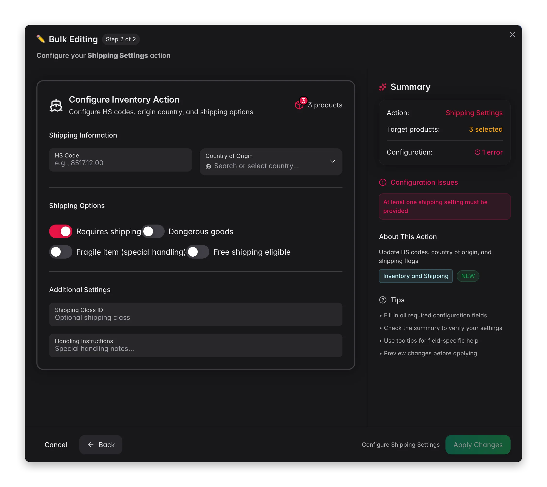 Bulk editing, Shipping Settings across many products at once in WISEPIM