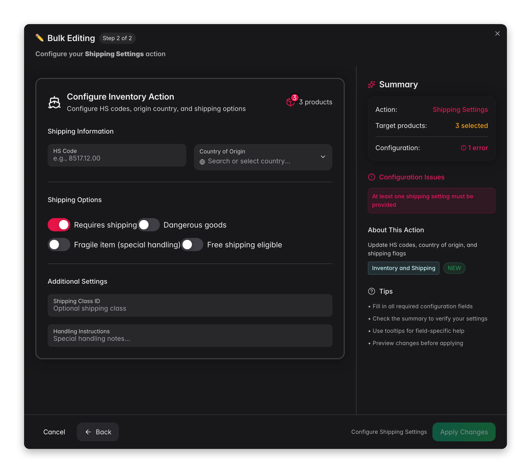 Bulk editing, Shipping Settings across many products at once in WISEPIM
