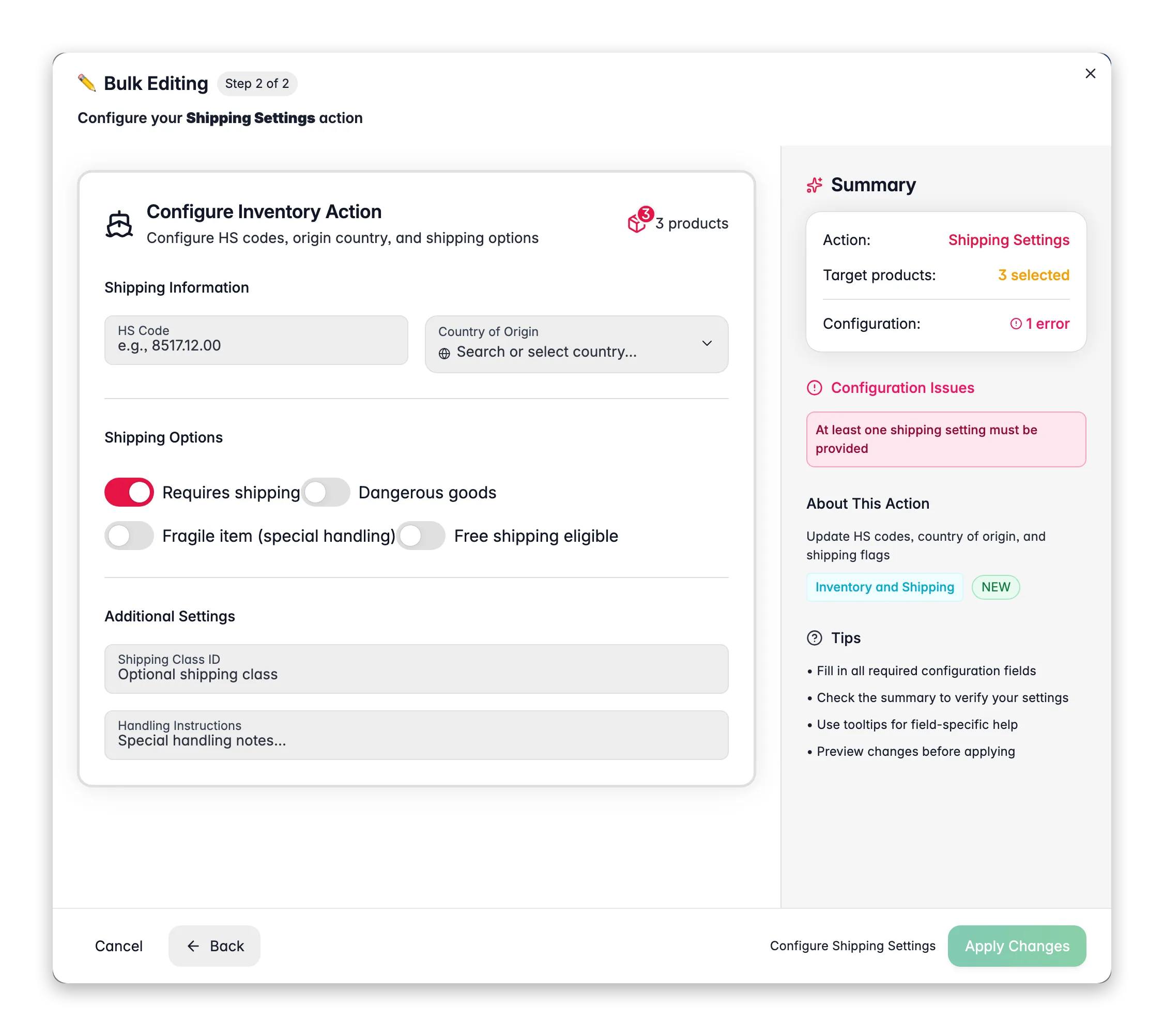 Bulk editing, Shipping Settings across many products at once in WISEPIM