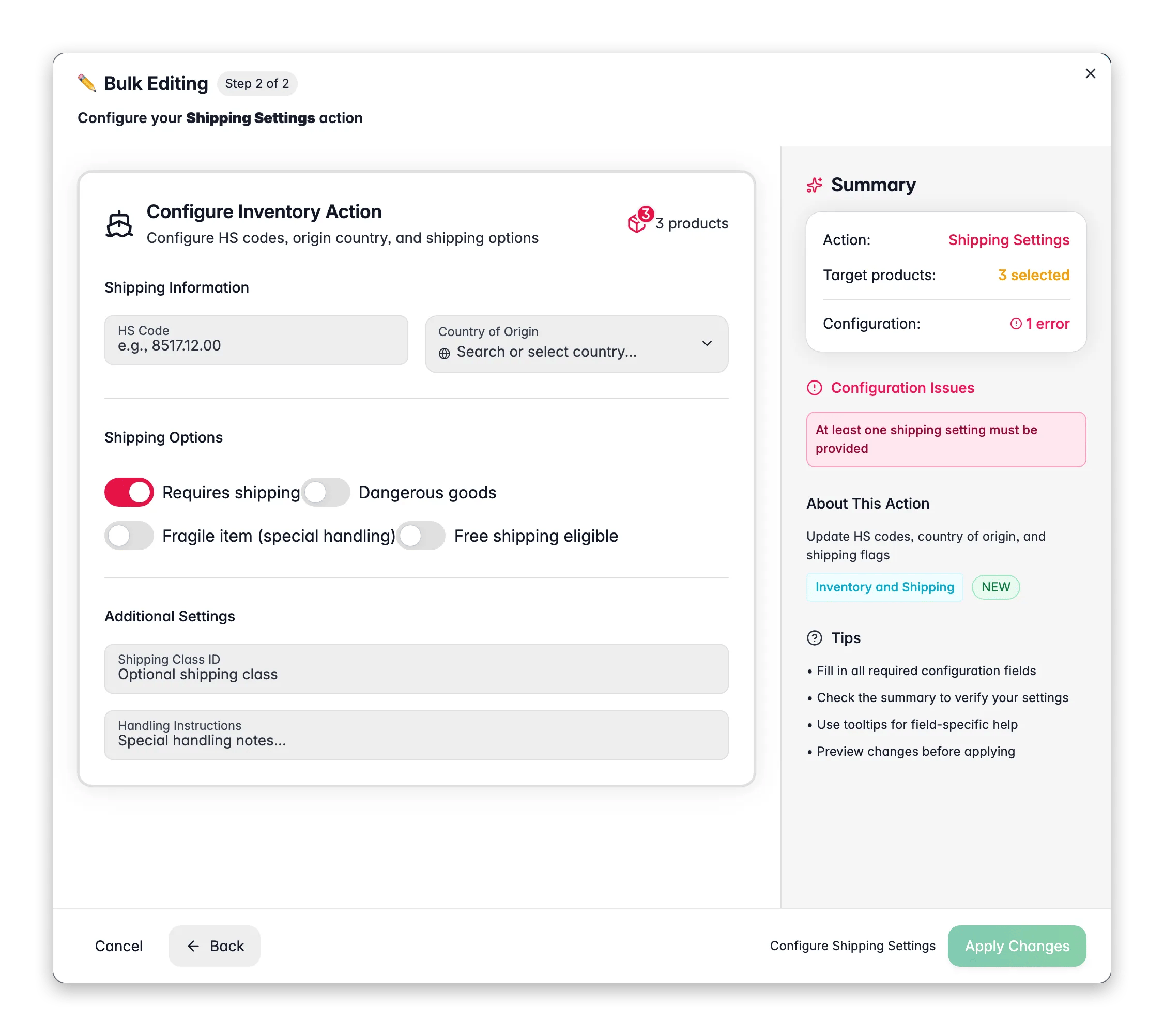 Bulk editing, Shipping Settings across many products at once in WISEPIM