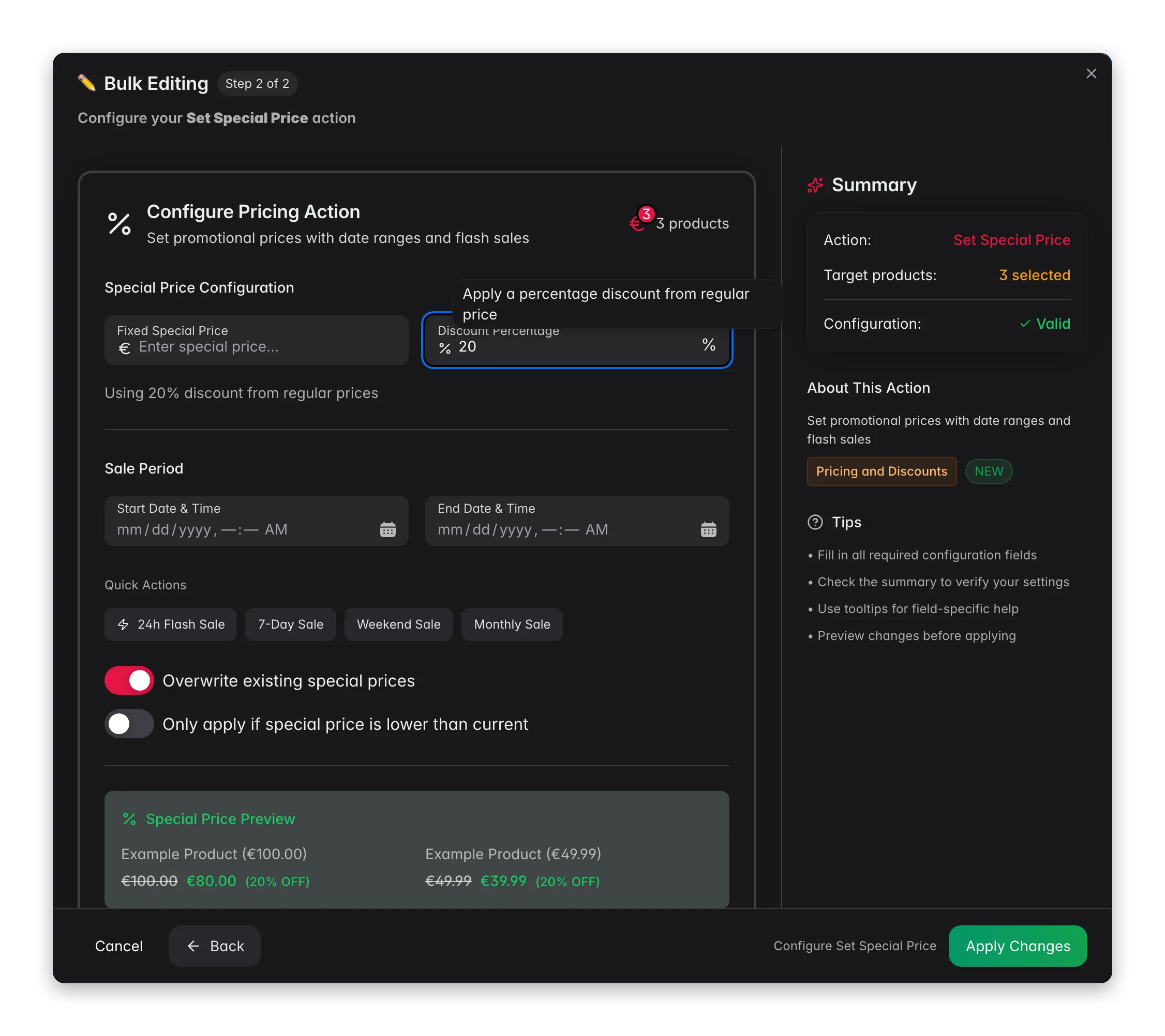 Bulk editing, Set Special Price across many products at once in WISEPIM
