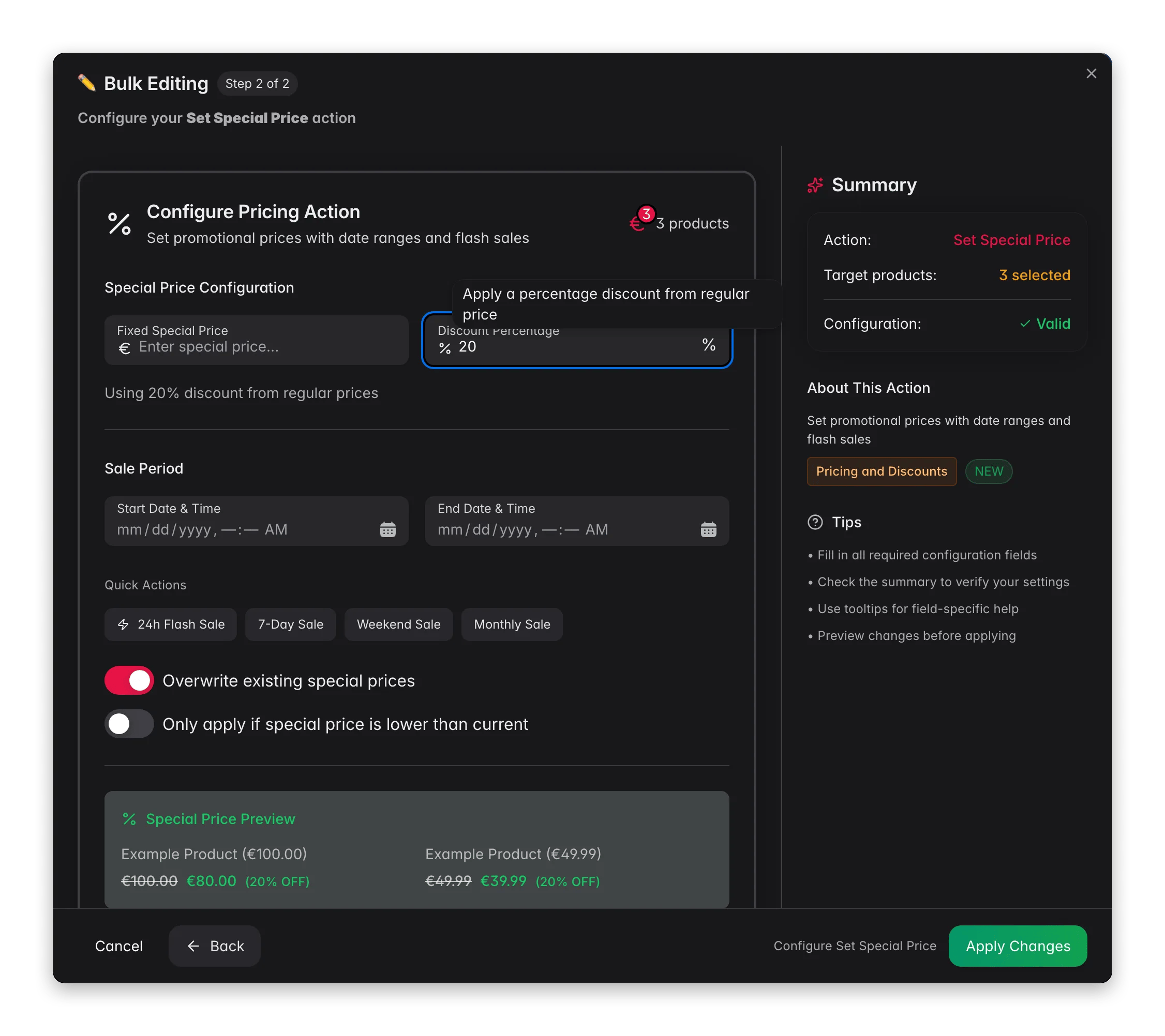 Bulk editing, Set Special Price across many products at once in WISEPIM