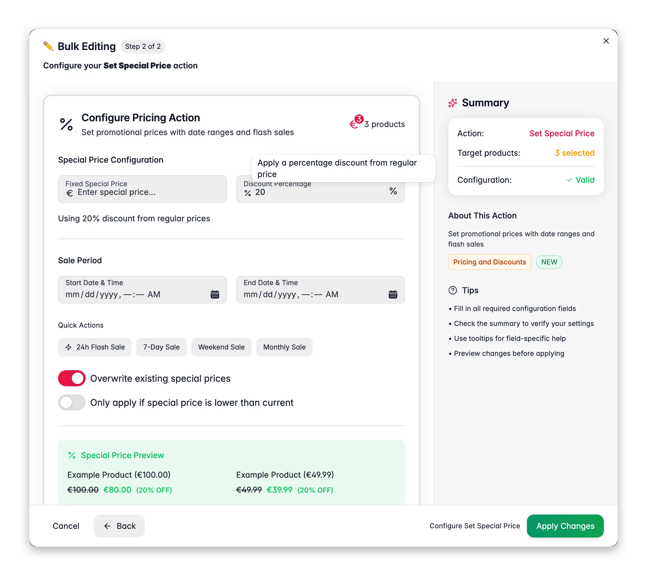 Bulk editing, Set Special Price across many products at once in WISEPIM