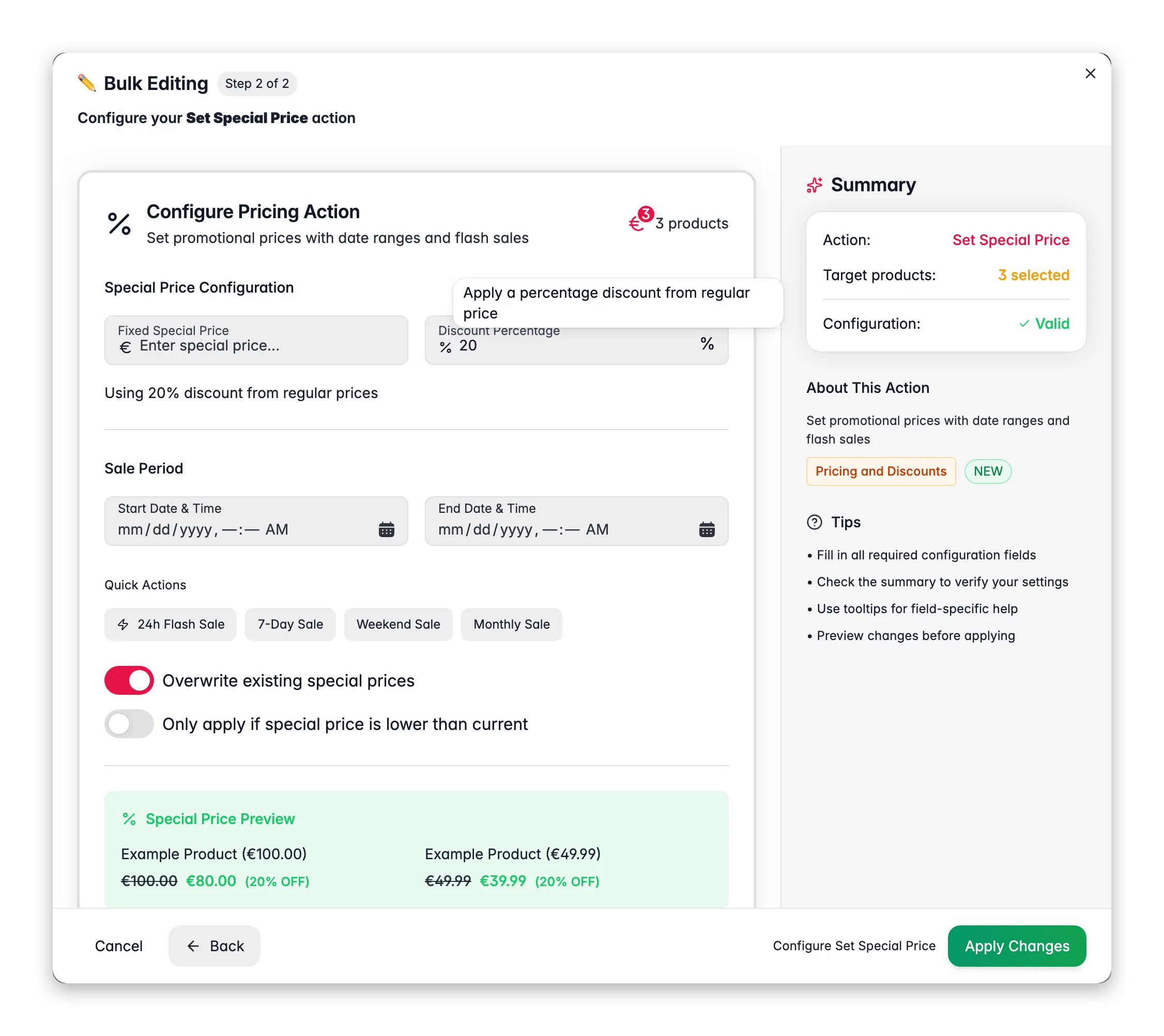 Bulk editing, Set Special Price across many products at once in WISEPIM