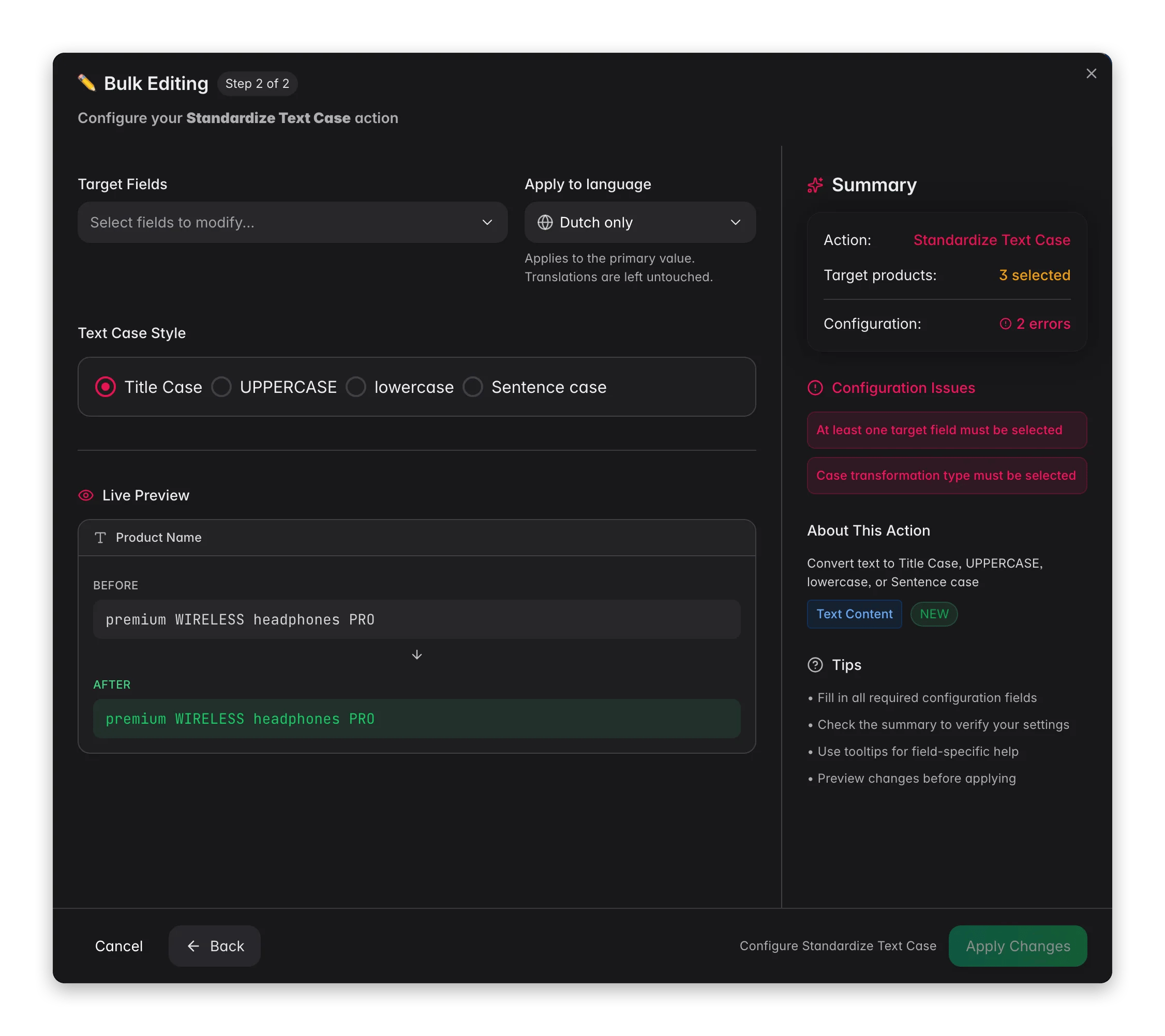 Bulk editing, Standardize Text Case across many products at once in WISEPIM