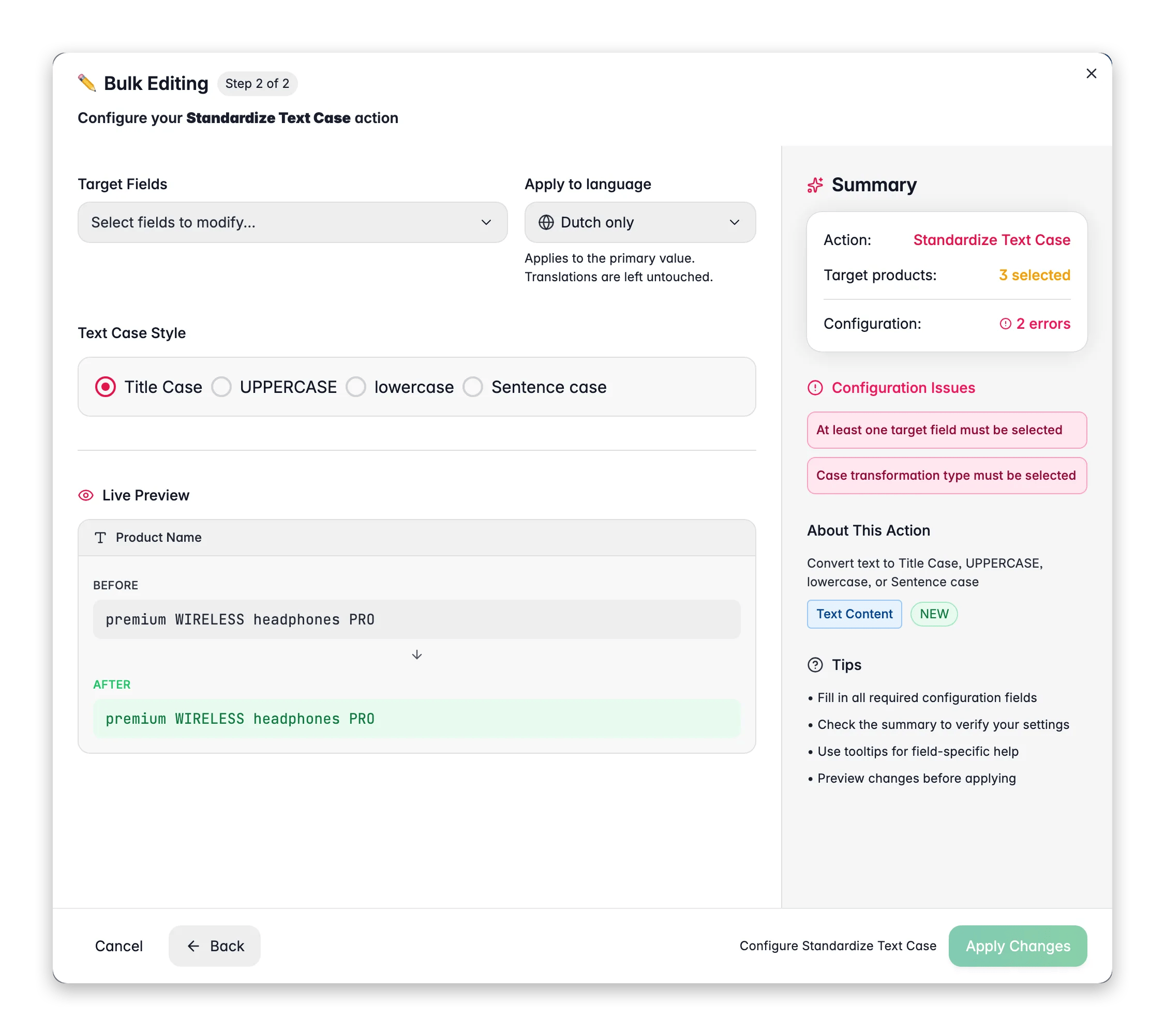 Bulk editing, Standardize Text Case across many products at once in WISEPIM