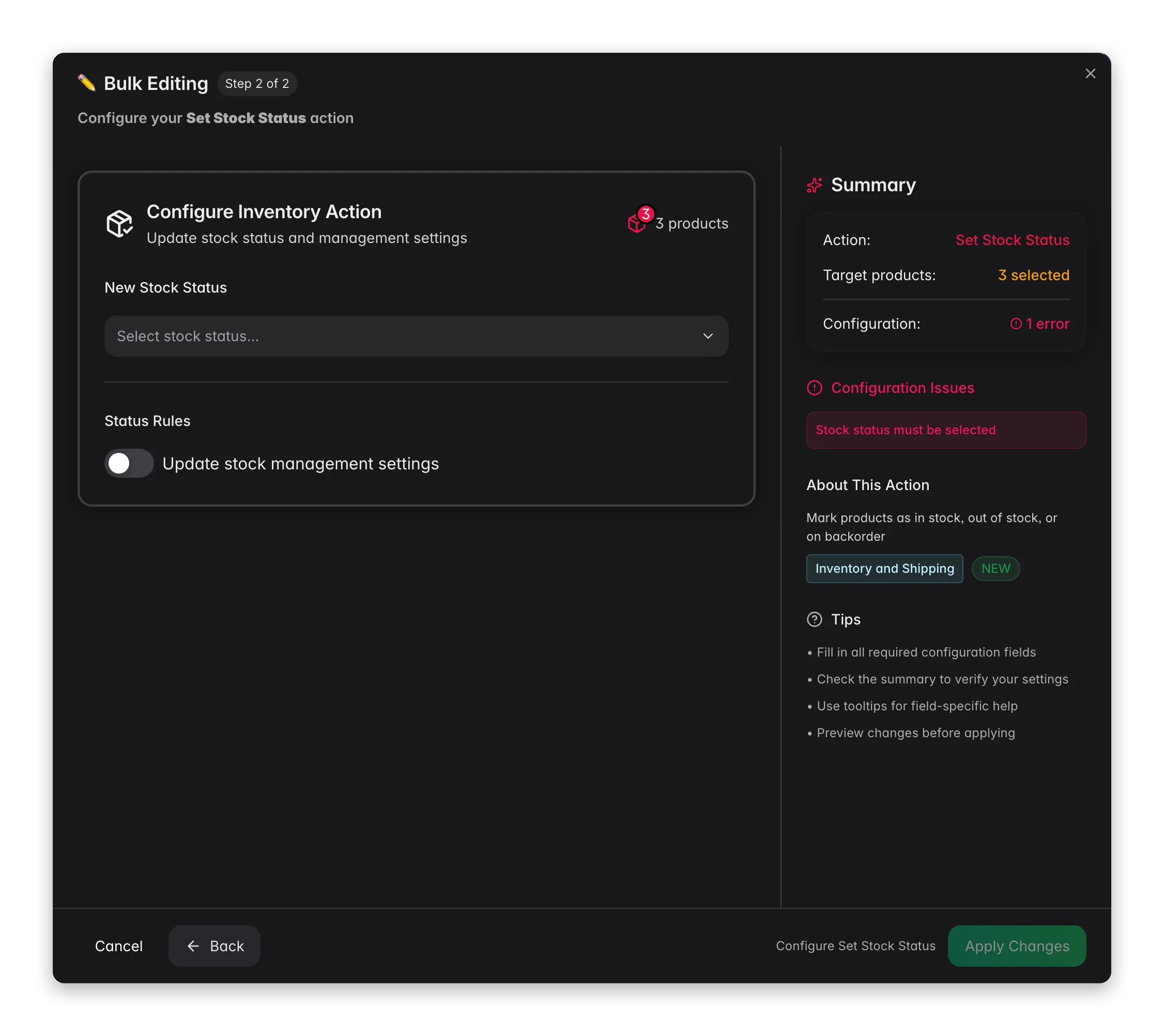 Bulk editing, Set Stock Status across many products at once in WISEPIM