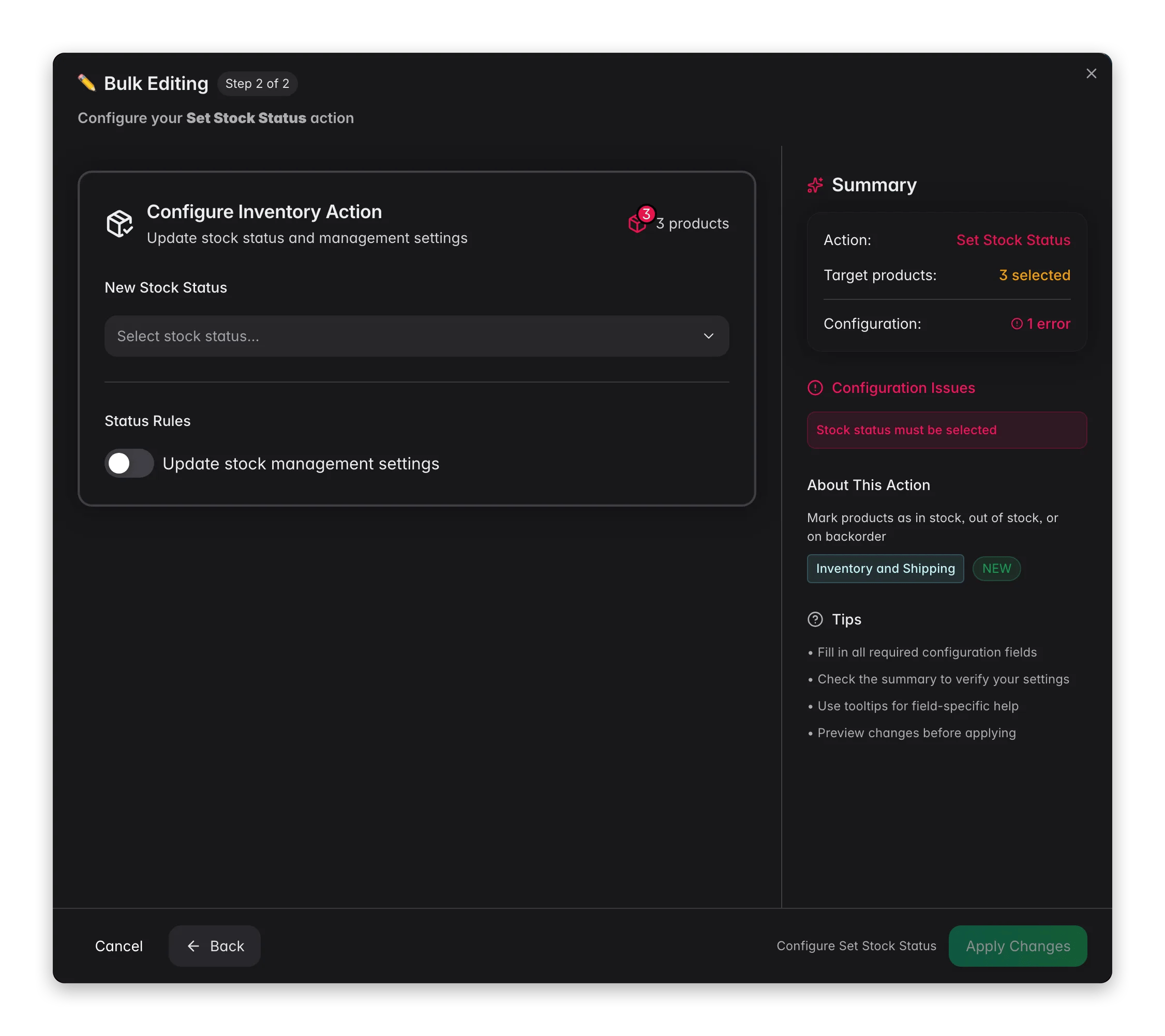 Bulk editing, Set Stock Status across many products at once in WISEPIM