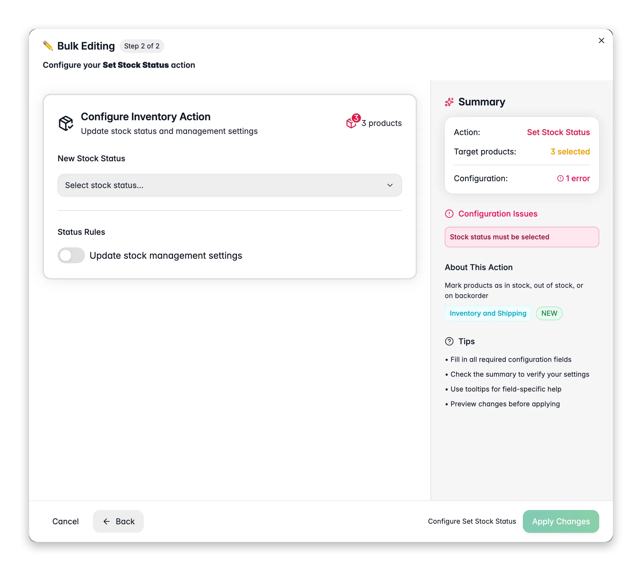 Bulk editing, Set Stock Status across many products at once in WISEPIM