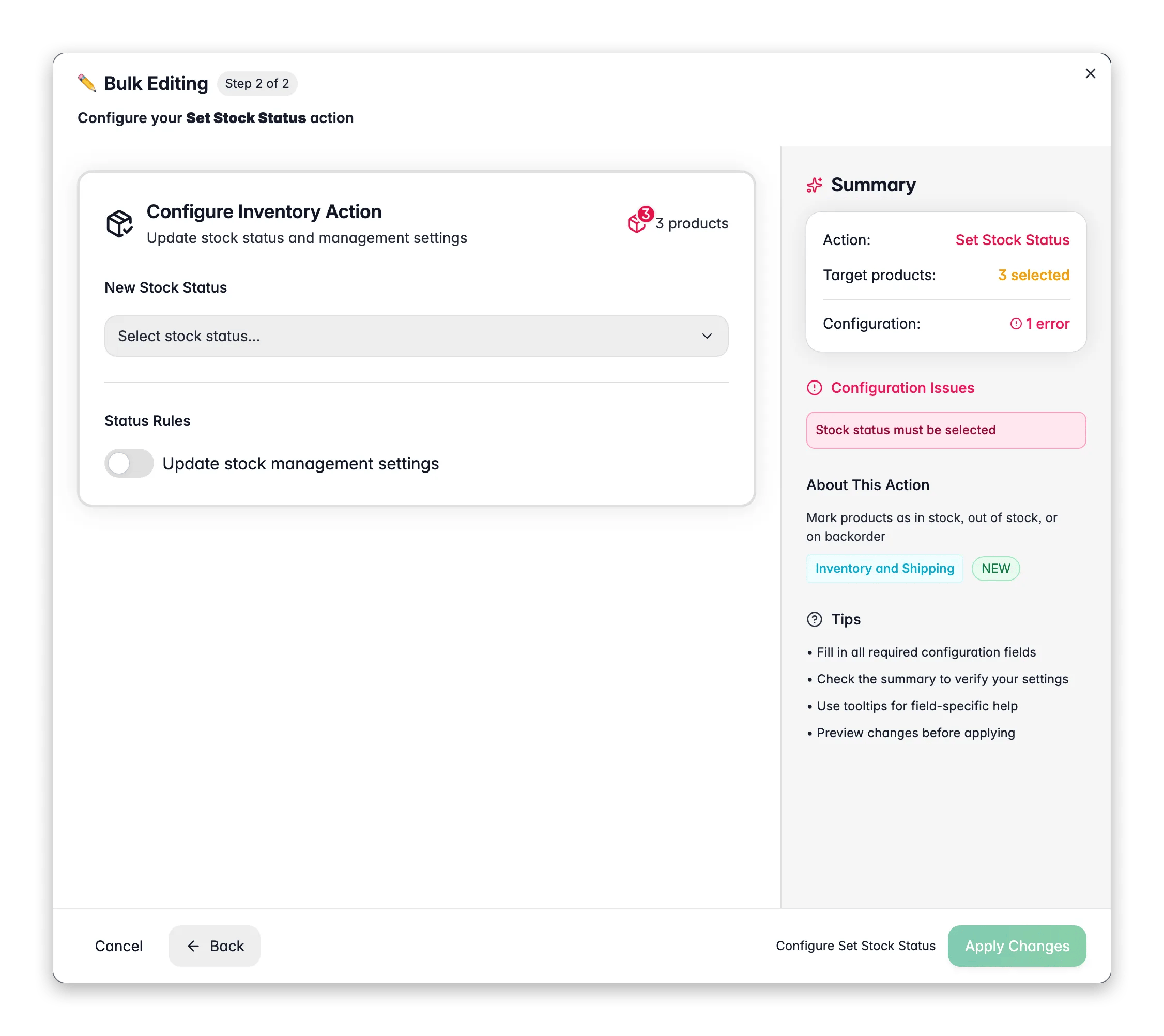 Bulk editing, Set Stock Status across many products at once in WISEPIM