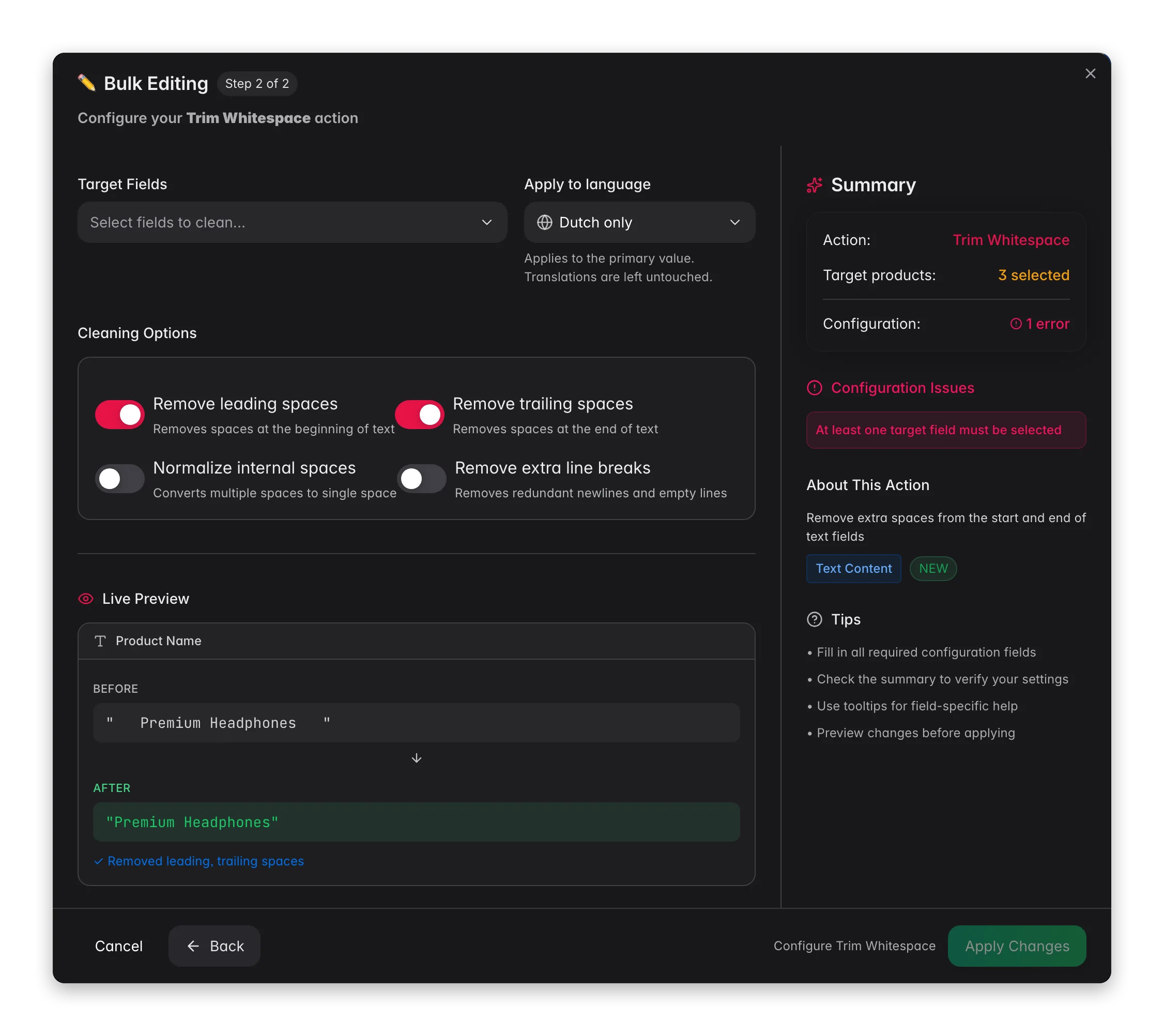 Bulk editing, Trim Whitespace across many products at once in WISEPIM