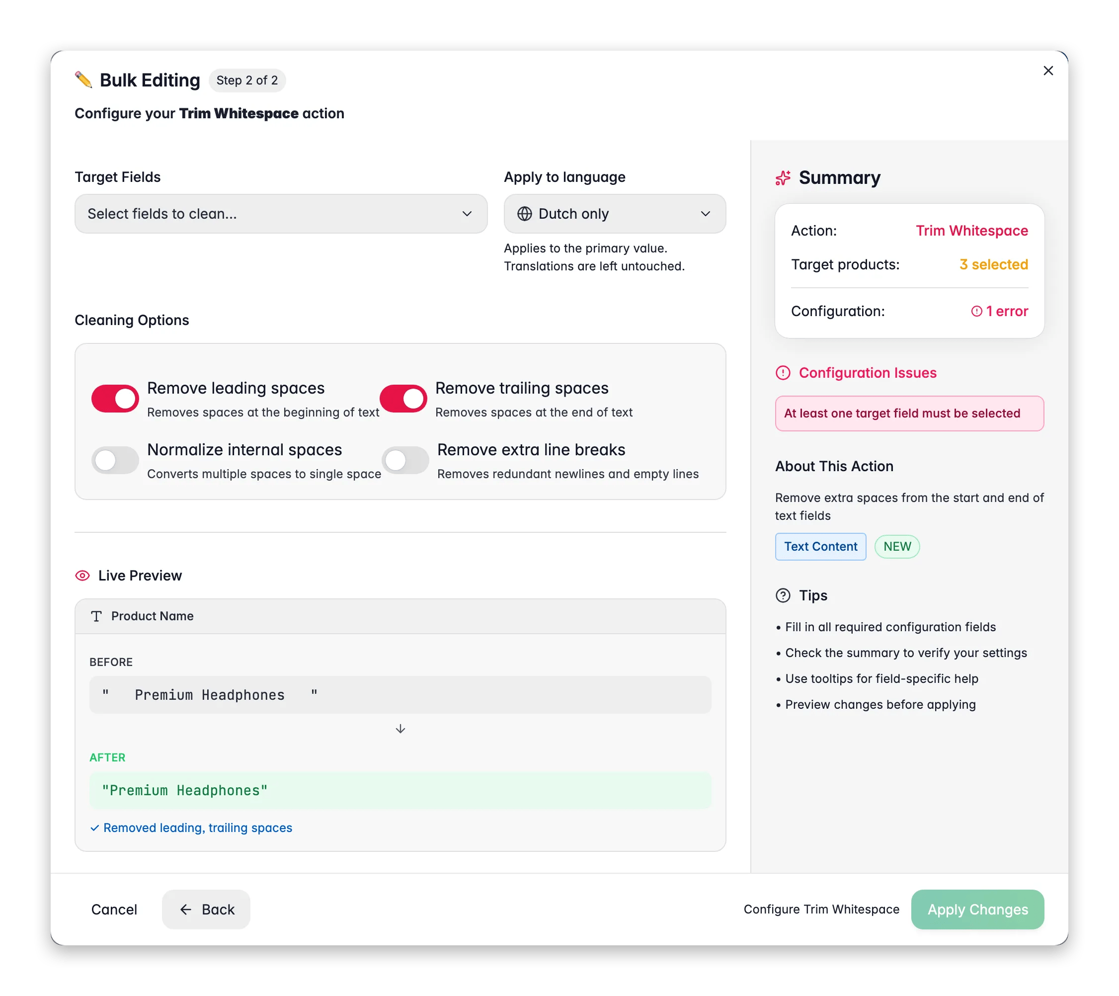 Bulk editing, Trim Whitespace across many products at once in WISEPIM