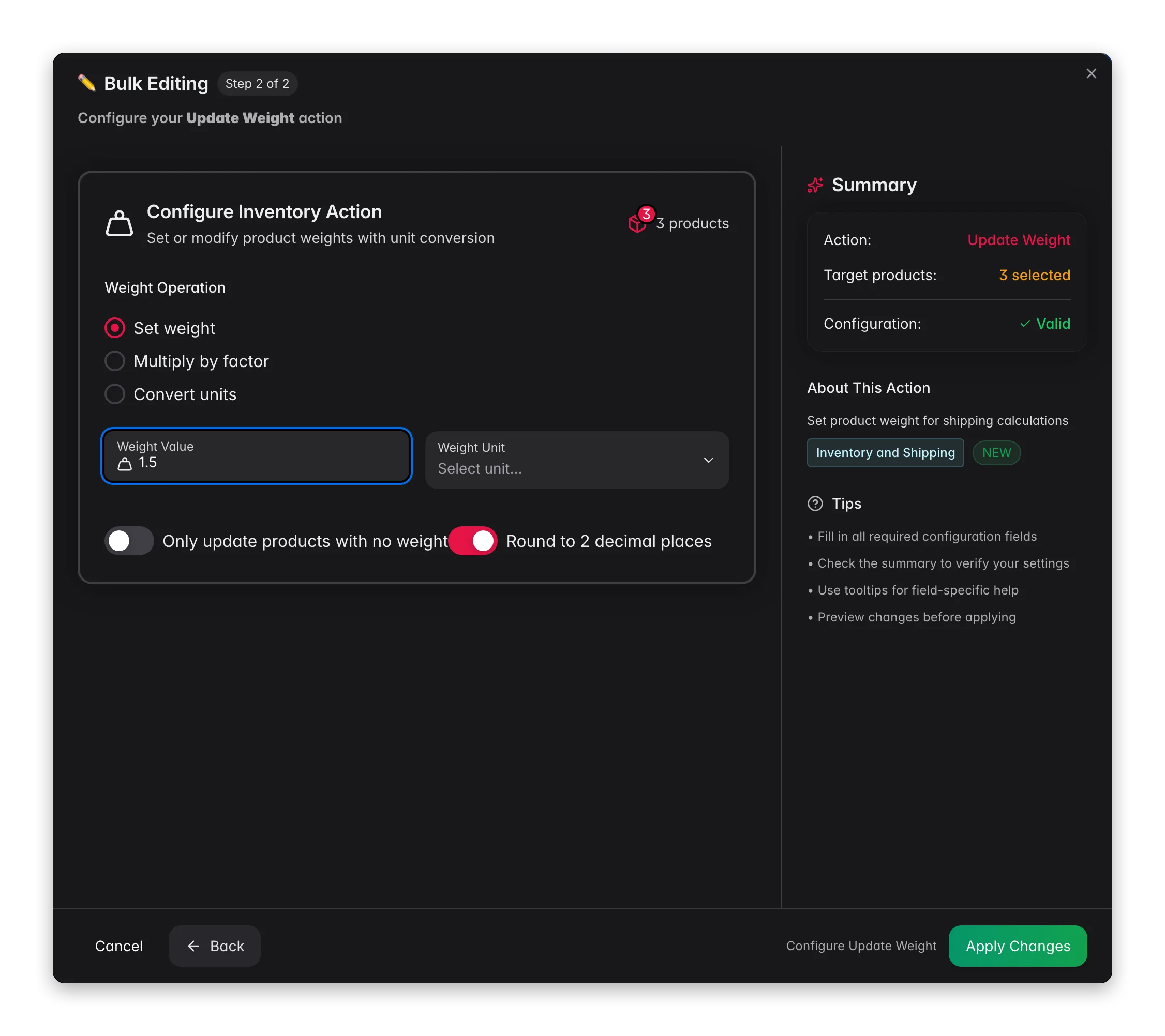 Bulk editing, Update Weight across many products at once in WISEPIM