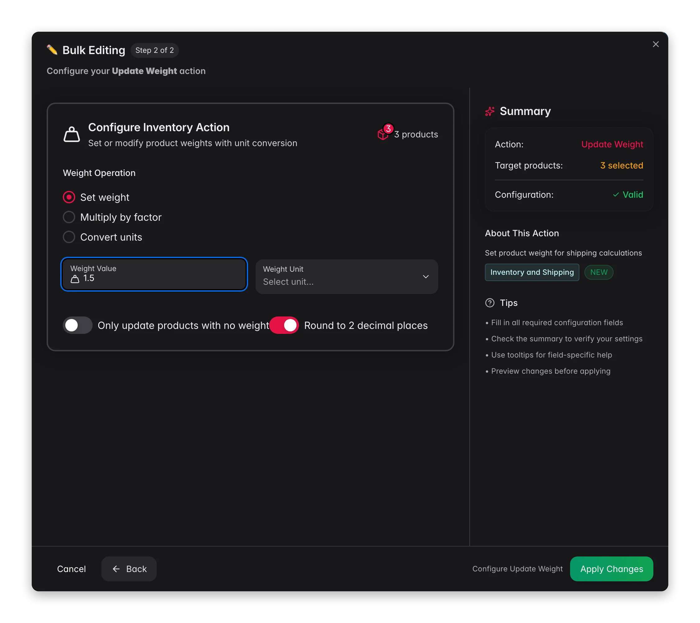 Bulk editing, Update Weight across many products at once in WISEPIM