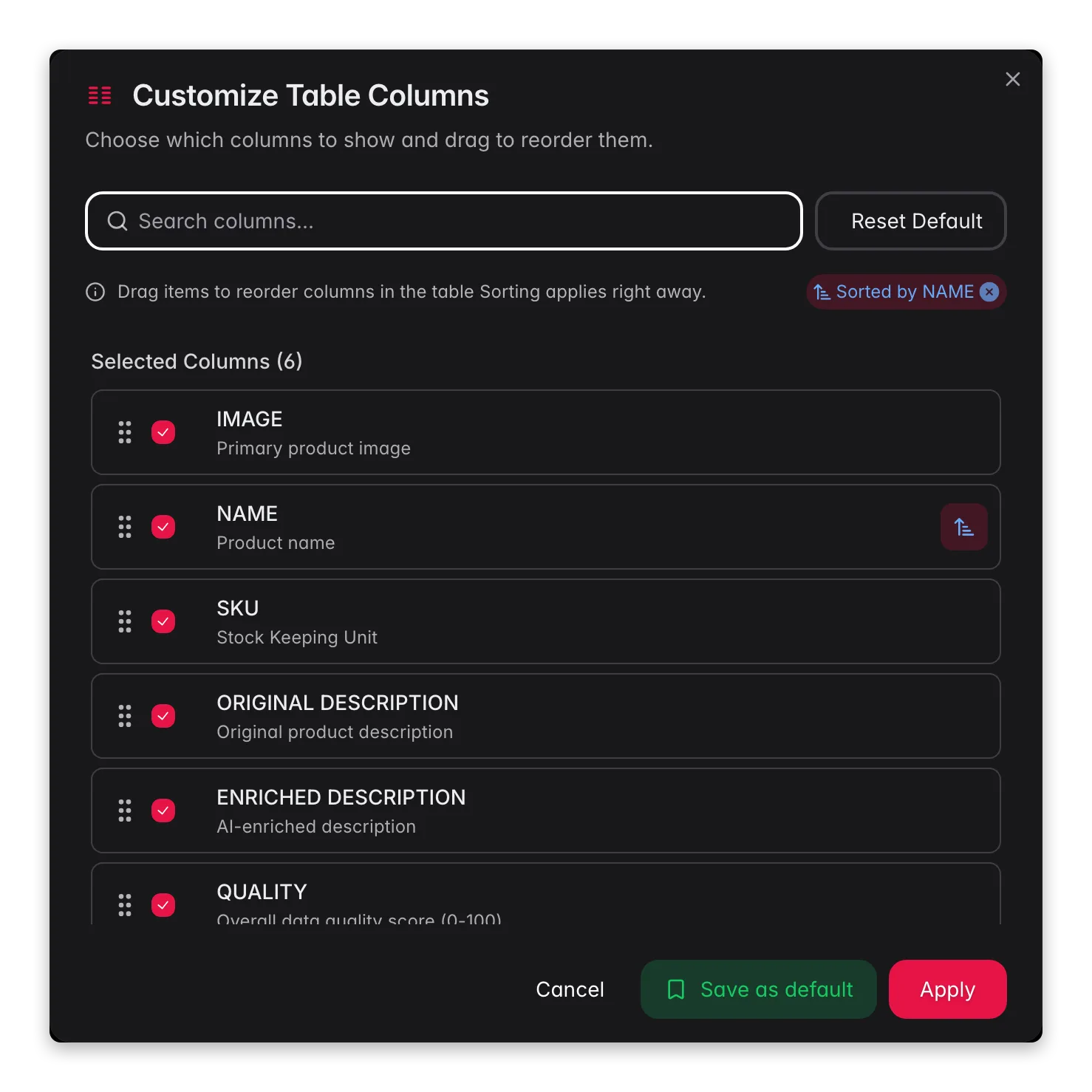 Configuring which product columns are visible in WISEPIM