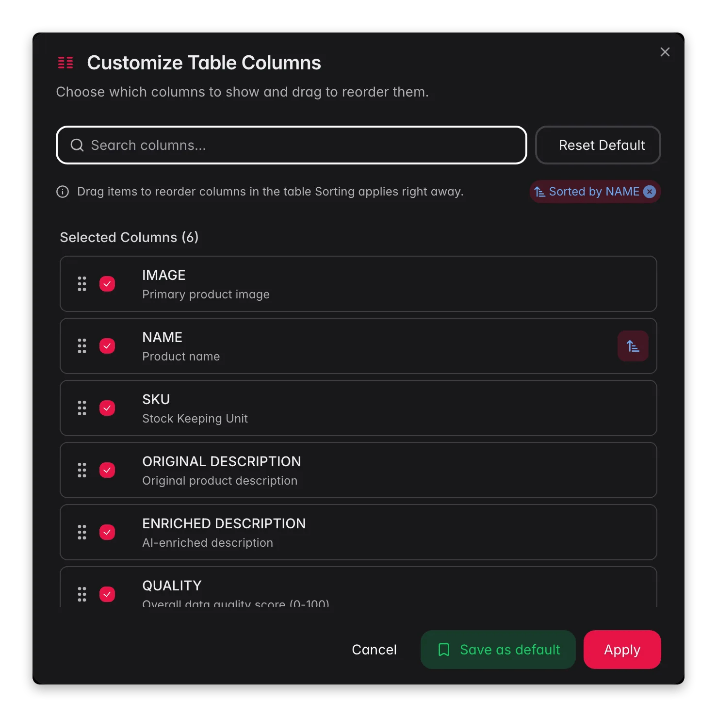Configuring which product columns are visible in WISEPIM