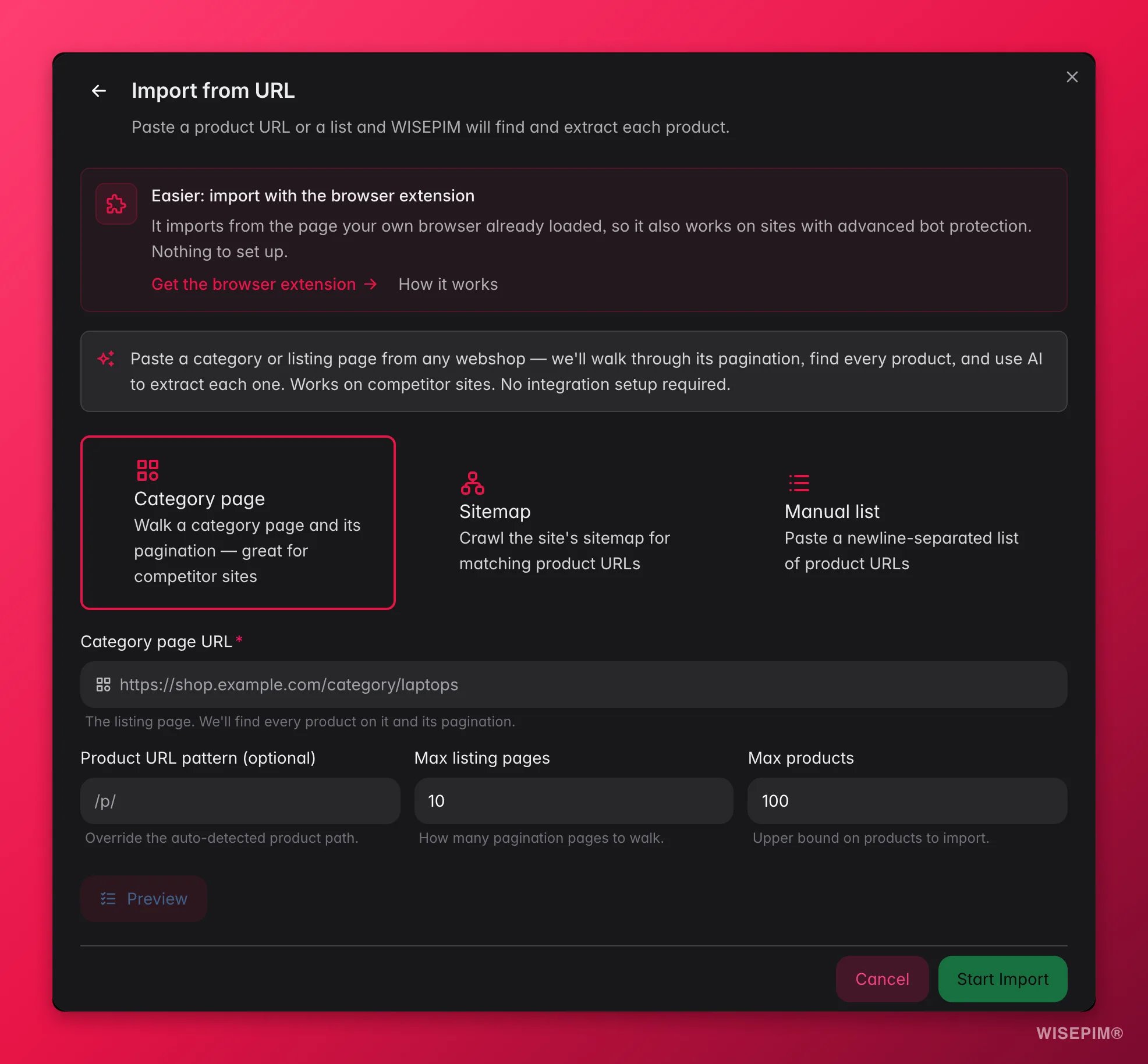 WISEPIM web scraping import configuring a source URL and previewing extracted products