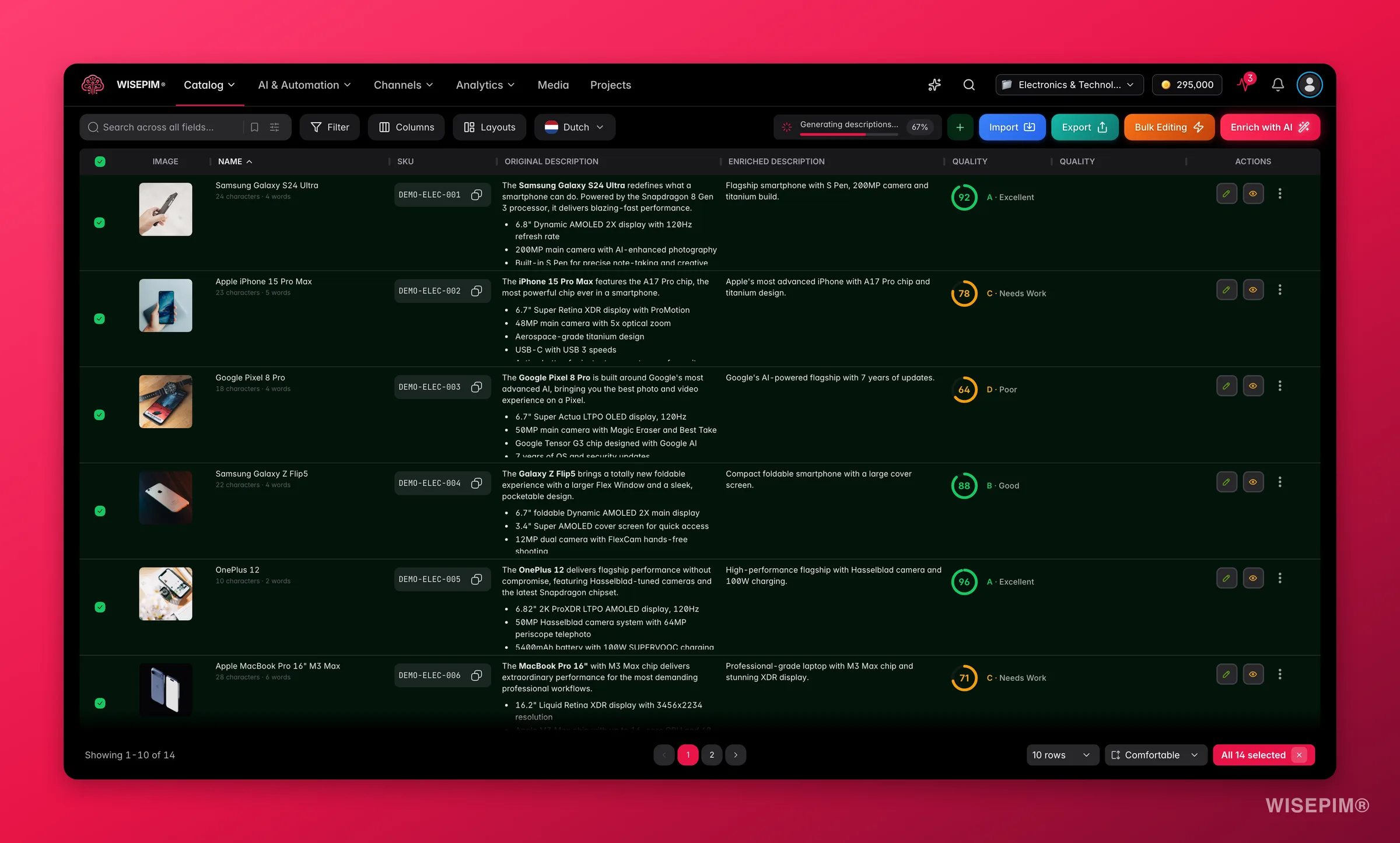 WISEPIM products with every product across all pages selected, ready for a catalog-wide bulk action