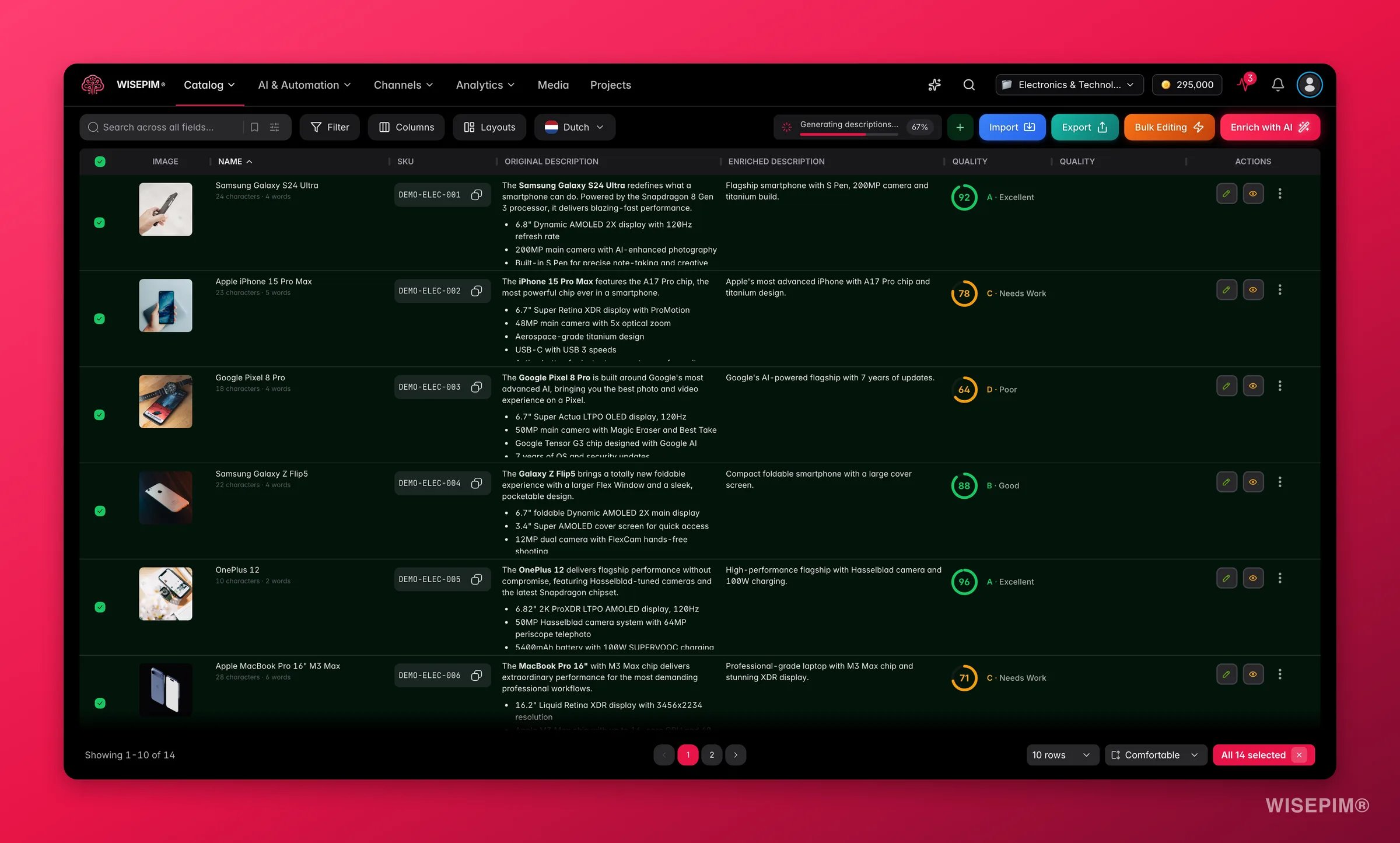 WISEPIM products with every product across all pages selected, ready for a catalog-wide bulk action