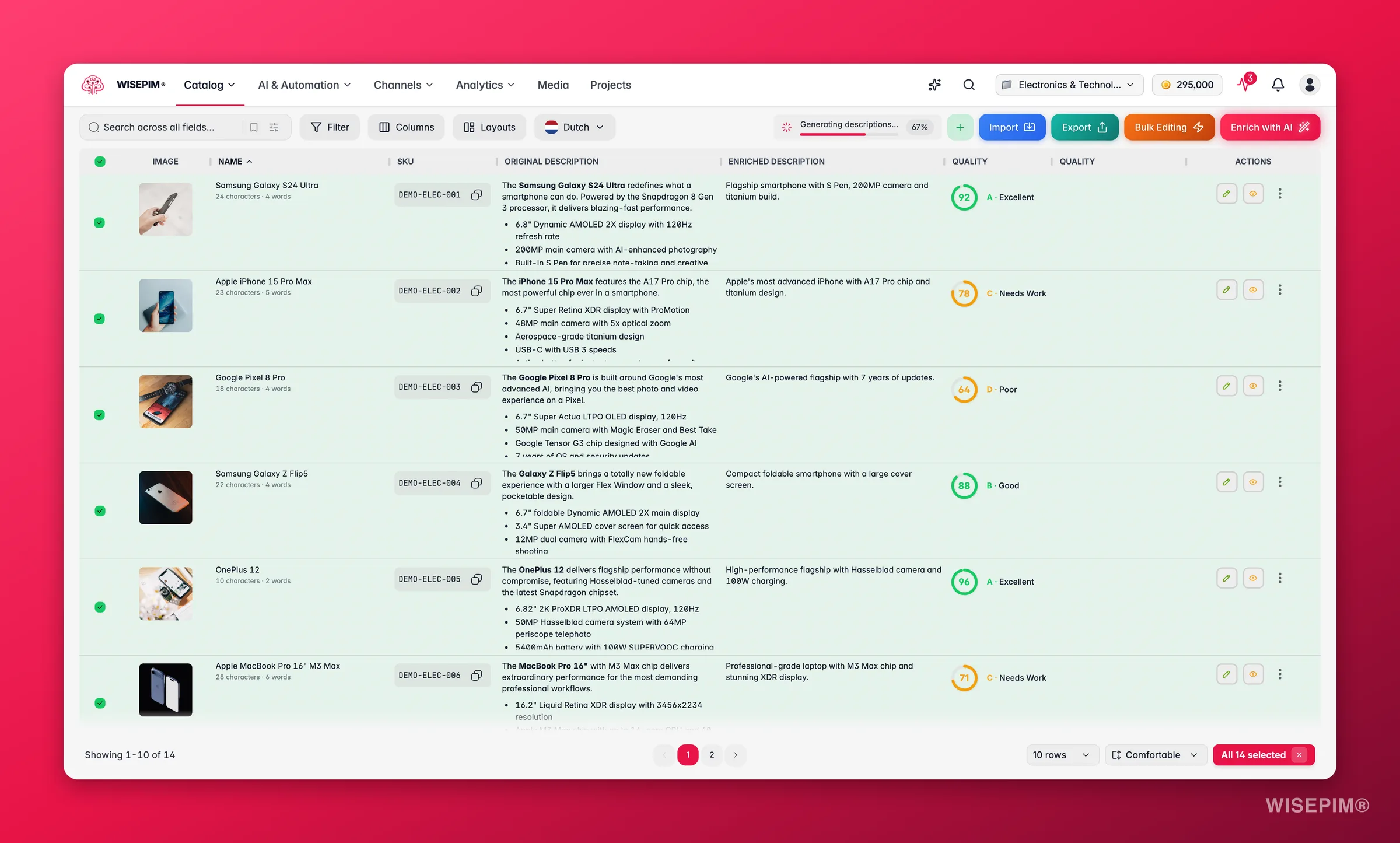 WISEPIM products with every product across all pages selected, ready for a catalog-wide bulk action