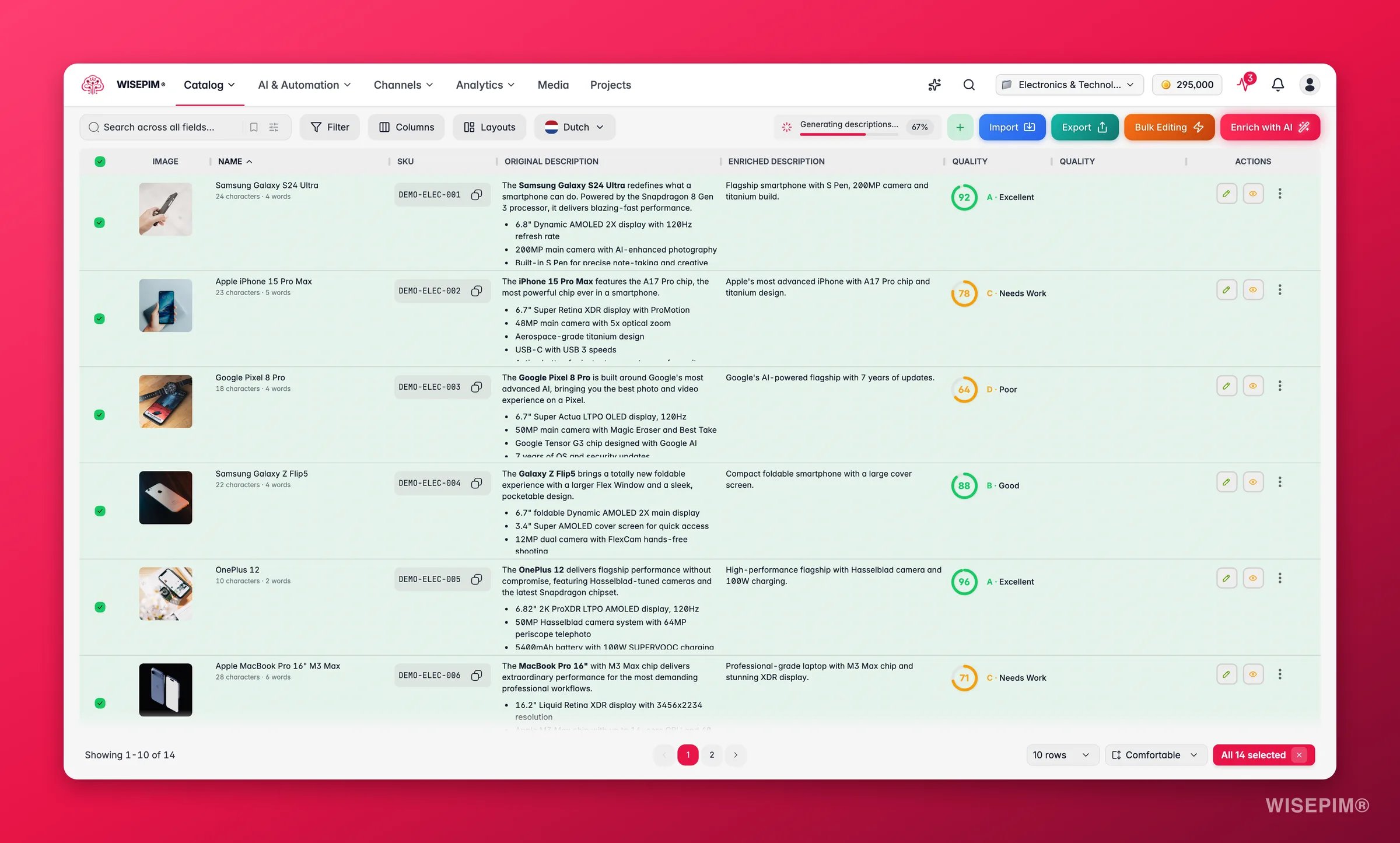 WISEPIM products with every product across all pages selected, ready for a catalog-wide bulk action